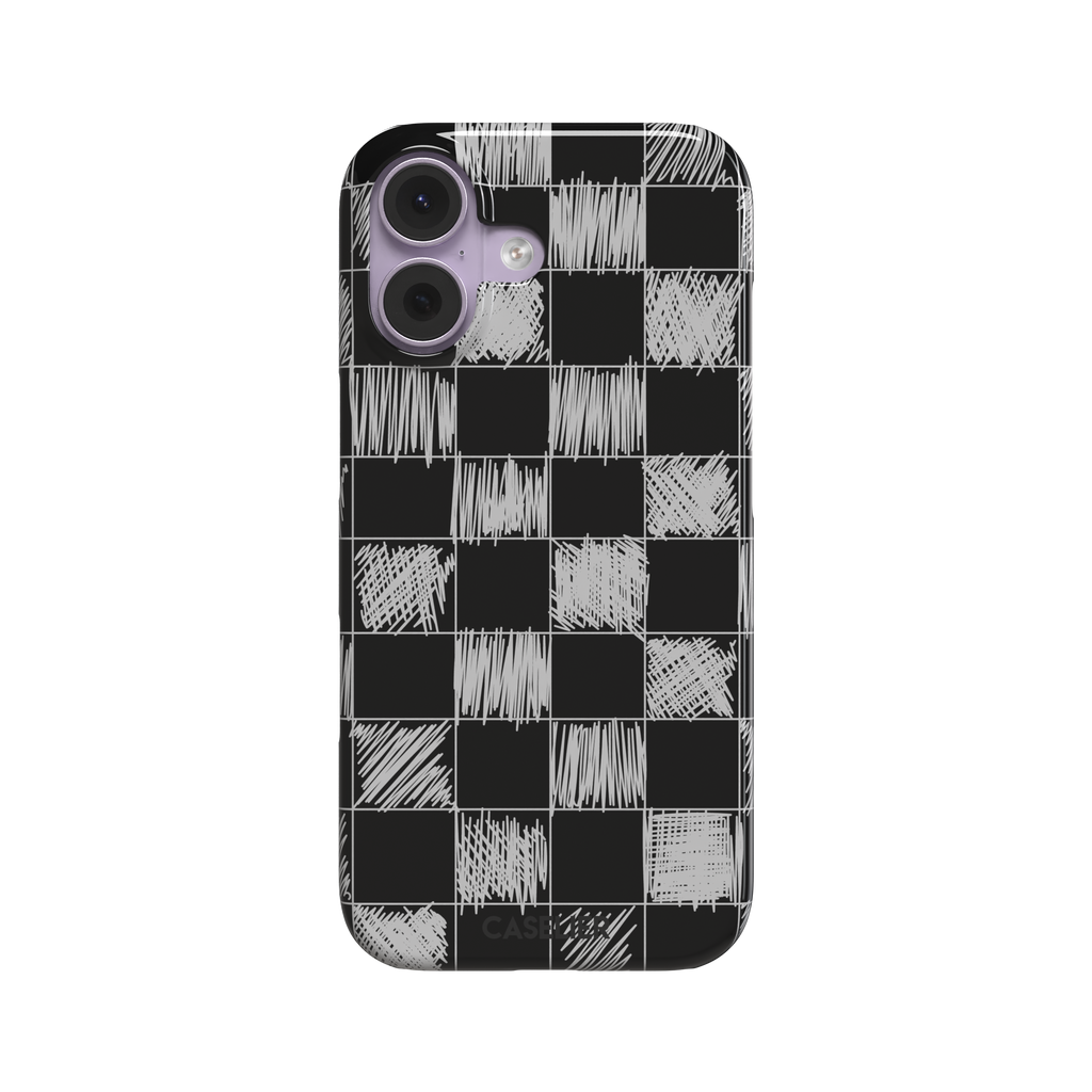 Black phone case with a checkerboard pattern where alternating squares are filled with rough white chalk-scrawl hatching lines, phone case by Caselier — snap case, front view