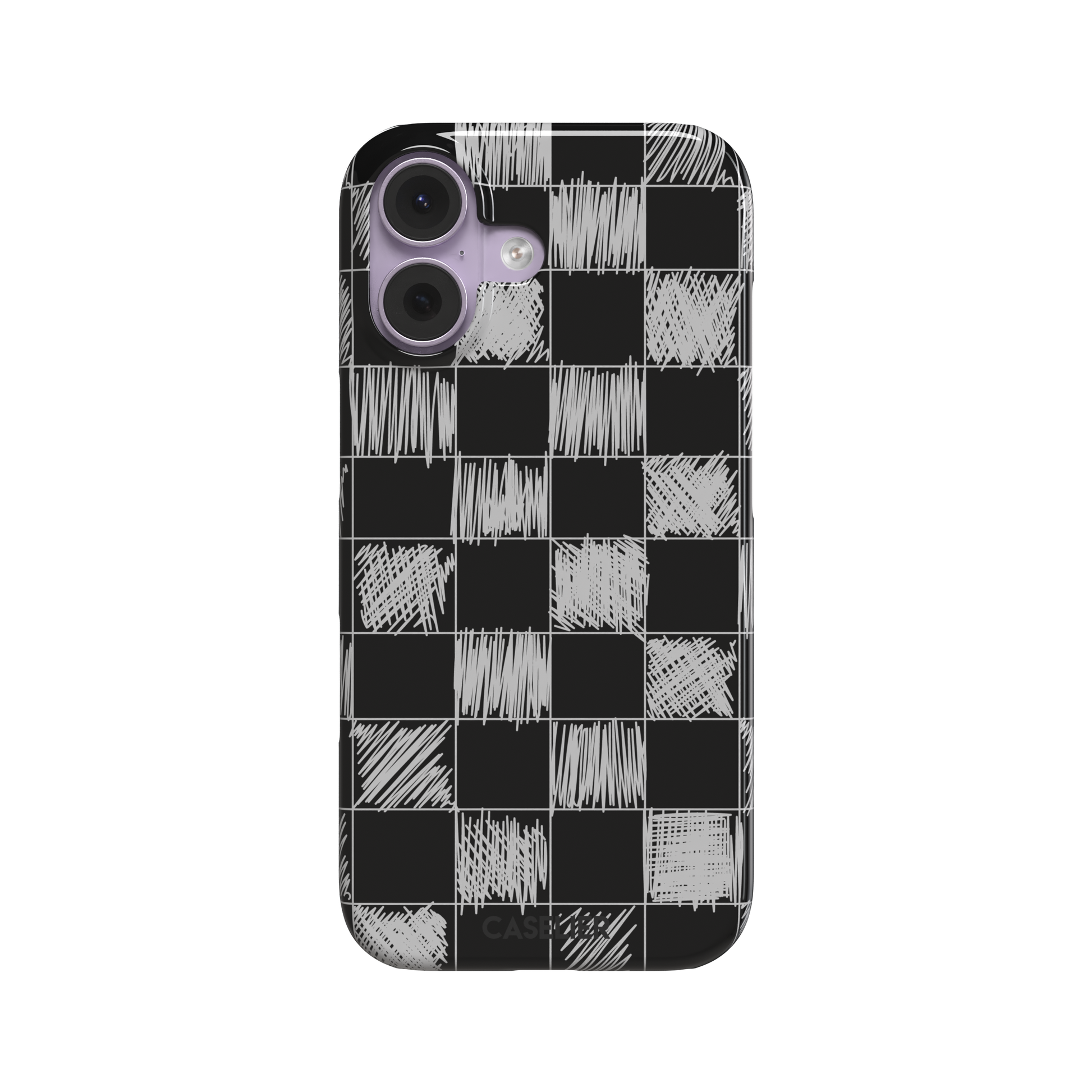 Black phone case with a checkerboard pattern where alternating squares are filled with rough white chalk-scrawl hatching lines, phone case by Caselier — snap case, front view