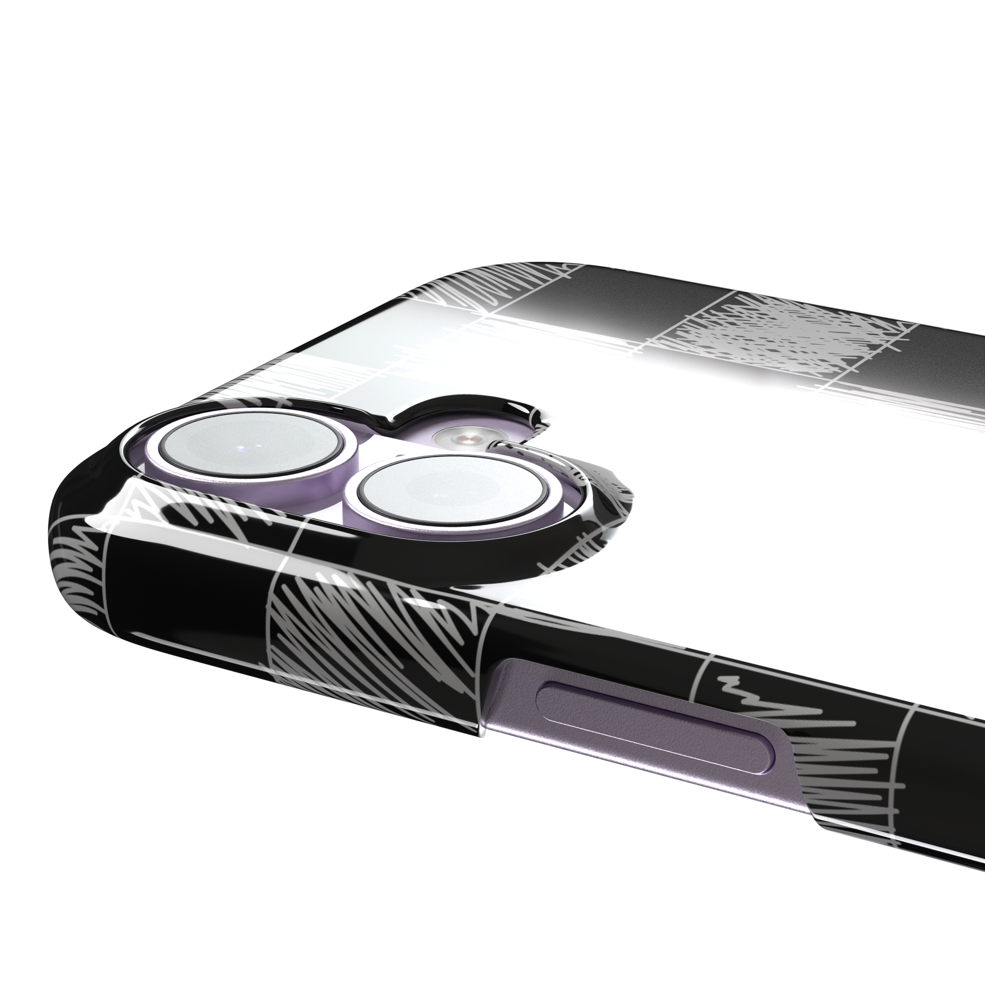 Black phone case with a checkerboard pattern where alternating squares are filled with rough white chalk-scrawl hatching lines, phone case by Caselier — snap case, volume buttons detail