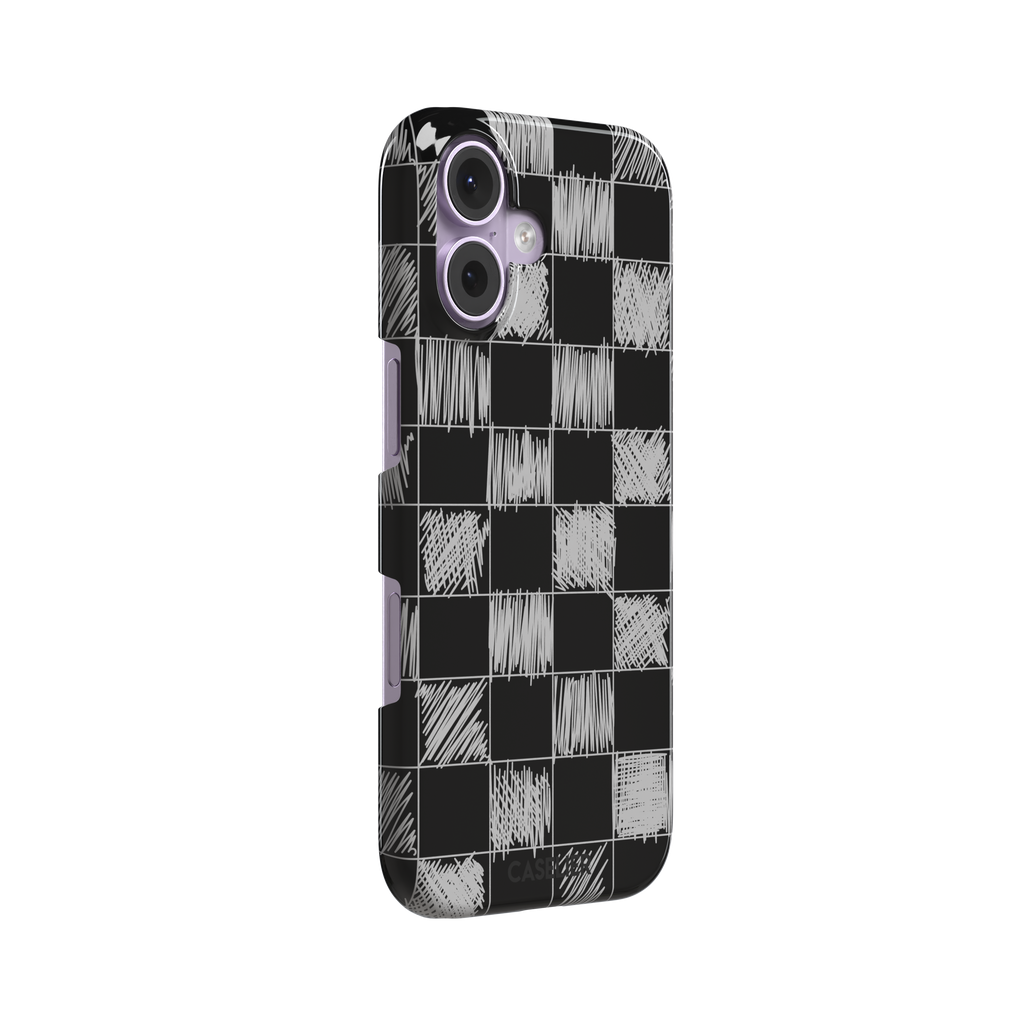 Black phone case with a checkerboard pattern where alternating squares are filled with rough white chalk-scrawl hatching lines, phone case by Caselier — snap case, left view