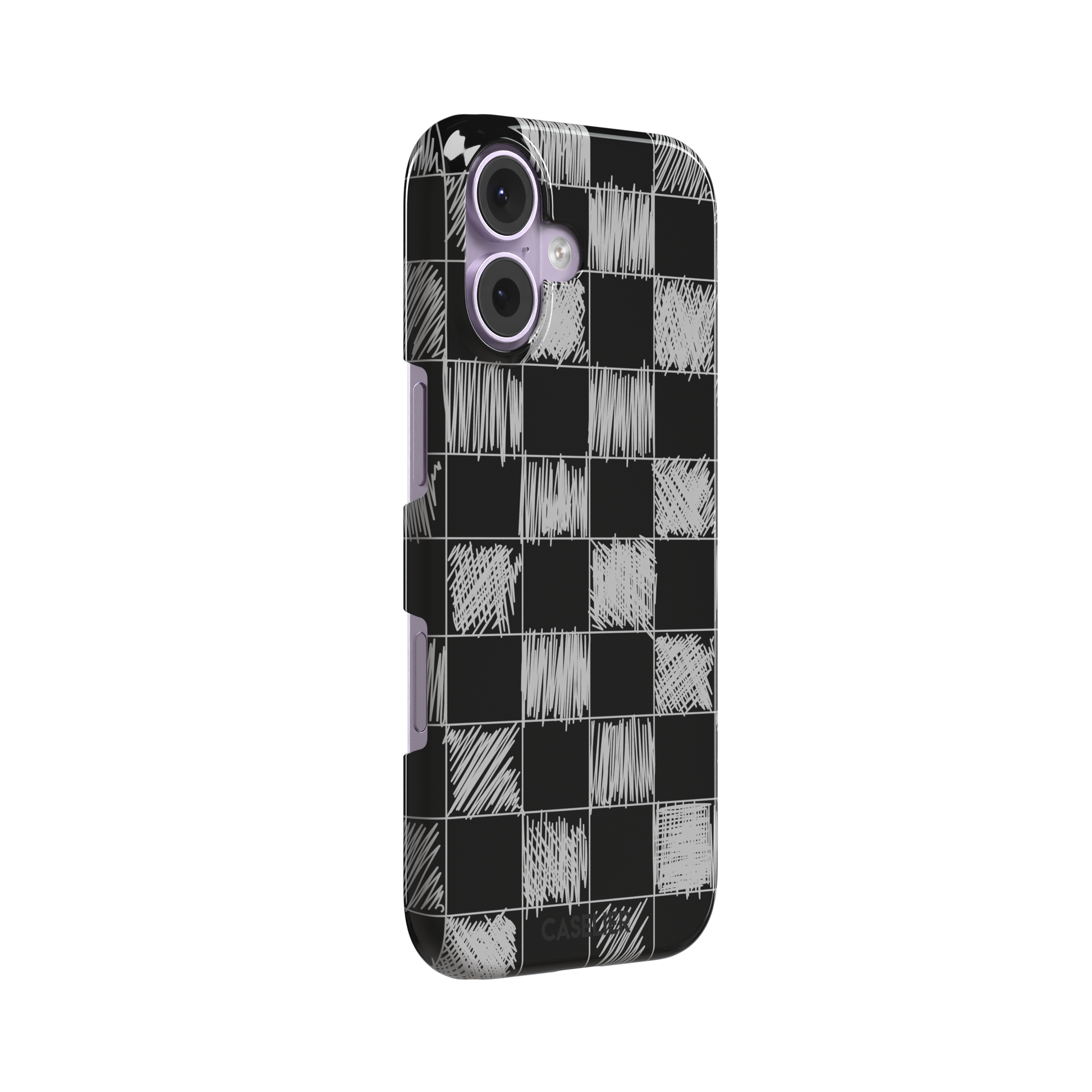 Black phone case with a checkerboard pattern where alternating squares are filled with rough white chalk-scrawl hatching lines, phone case by Caselier — snap case, left view