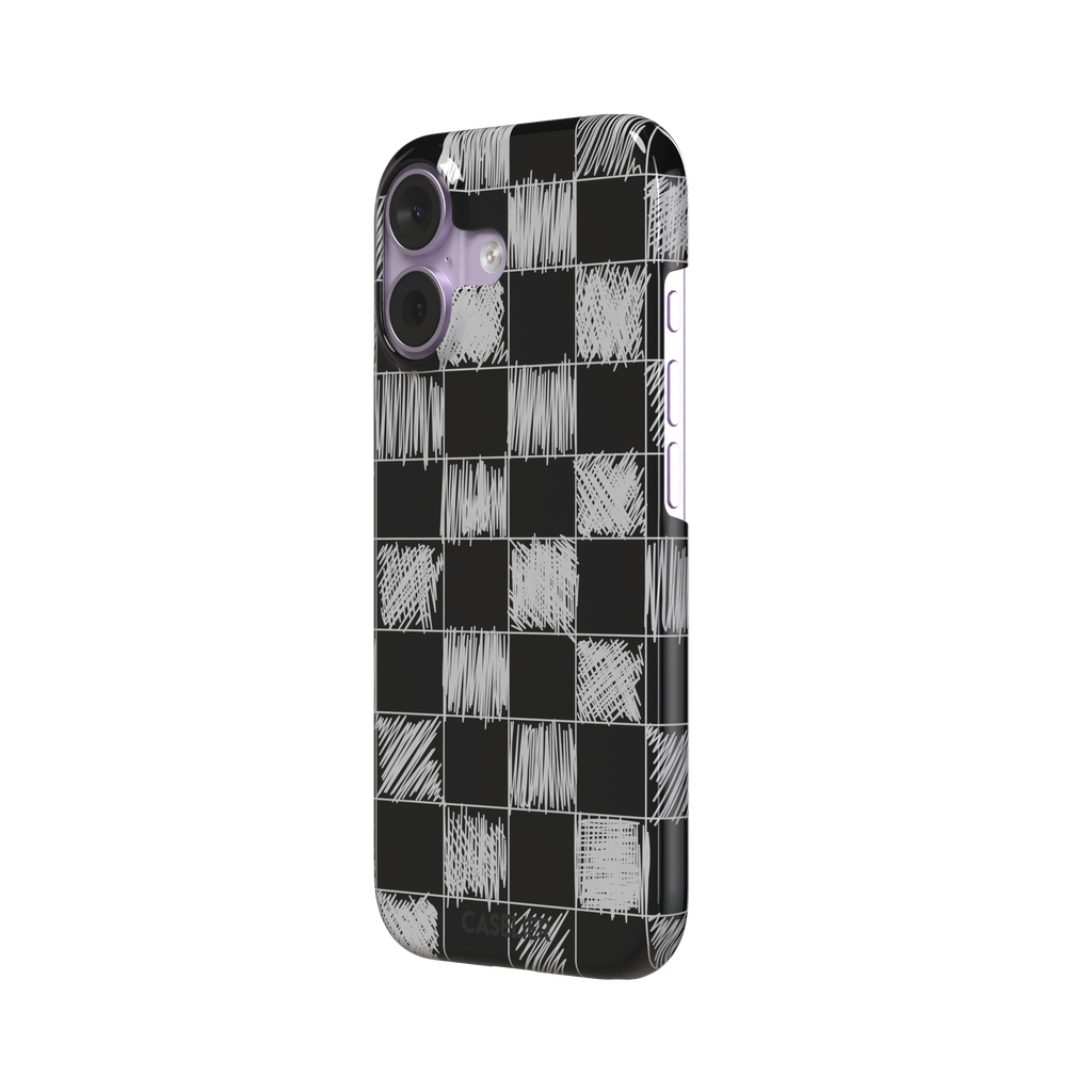Black phone case with a checkerboard pattern where alternating squares are filled with rough white chalk-scrawl hatching lines, phone case by Caselier — snap case, right view