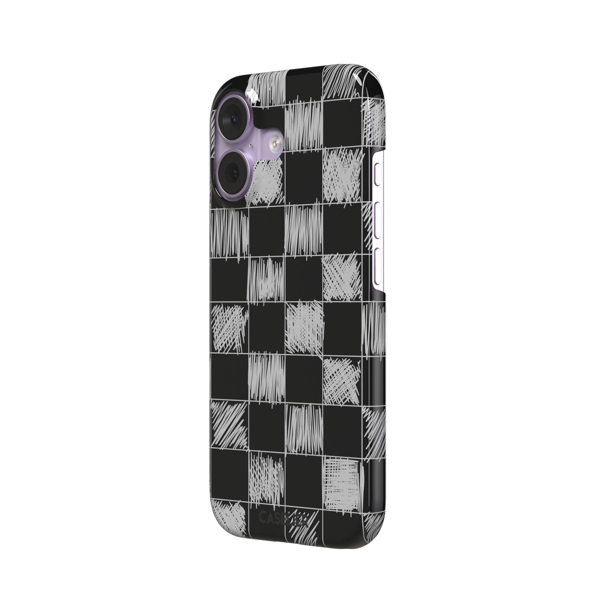 Black phone case with a checkerboard pattern where alternating squares are filled with rough white chalk-scrawl hatching lines, phone case by Caselier — snap case, right view