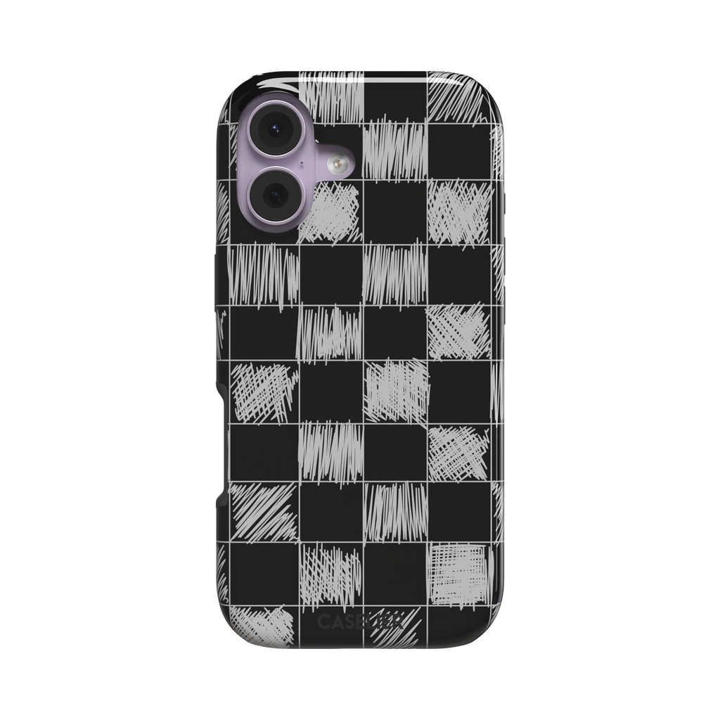 Black phone case with a checkerboard pattern where alternating squares are filled with rough white chalk-scrawl hatching lines, phone case by Caselier — tough case, front view