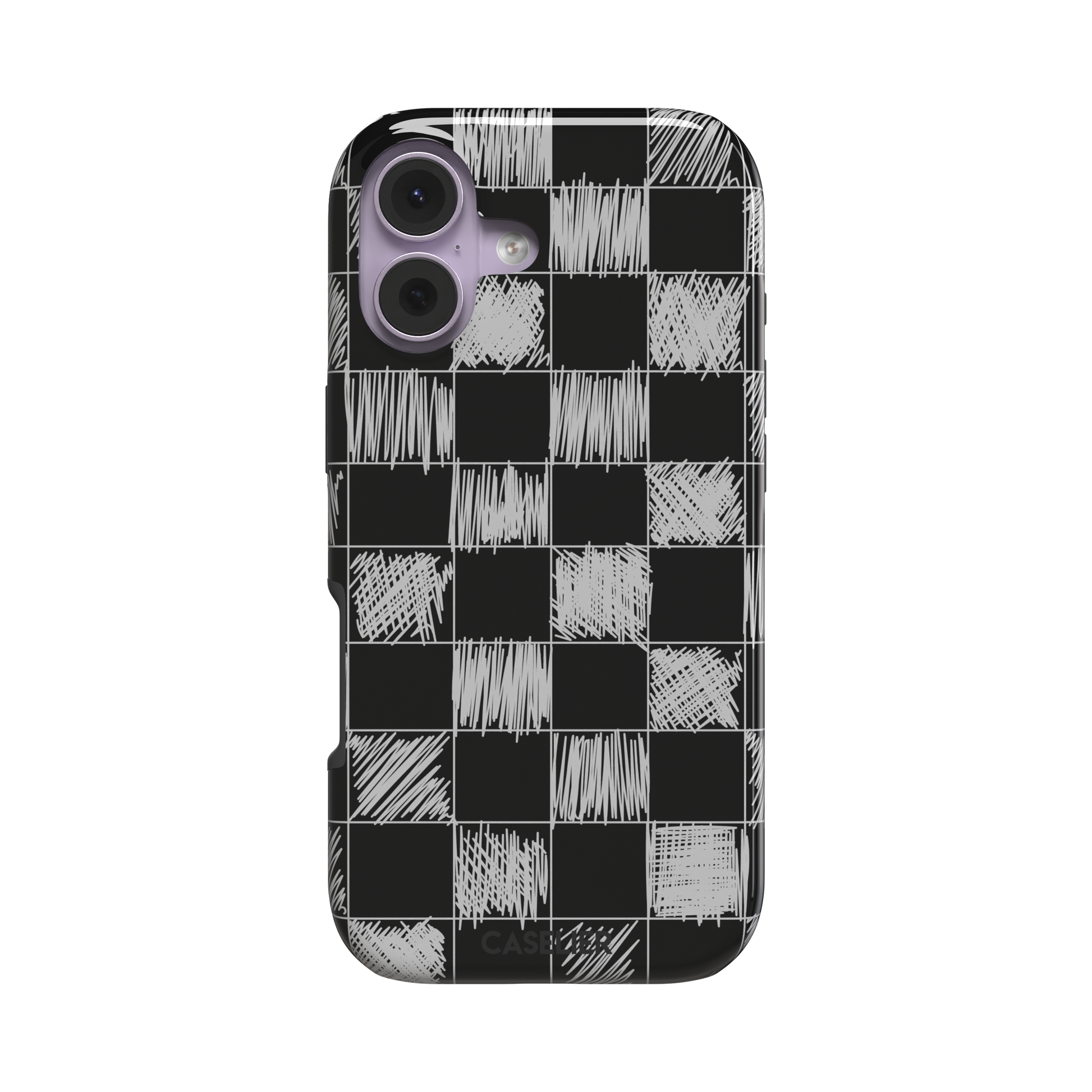 Black phone case with a checkerboard pattern where alternating squares are filled with rough white chalk-scrawl hatching lines, phone case by Caselier — tough case, front view