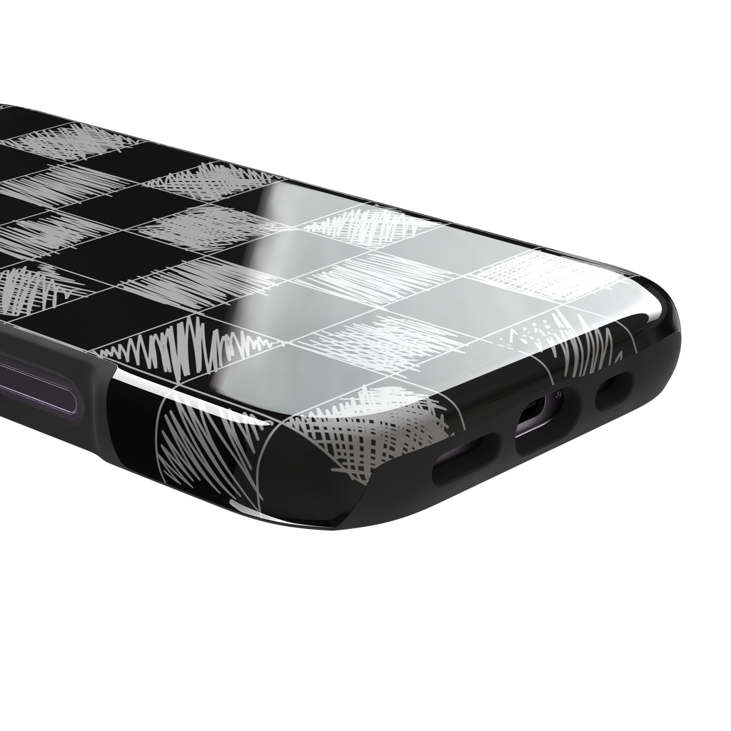 Black phone case with a checkerboard pattern where alternating squares are filled with rough white chalk-scrawl hatching lines, phone case by Caselier — tough case, charging port detail