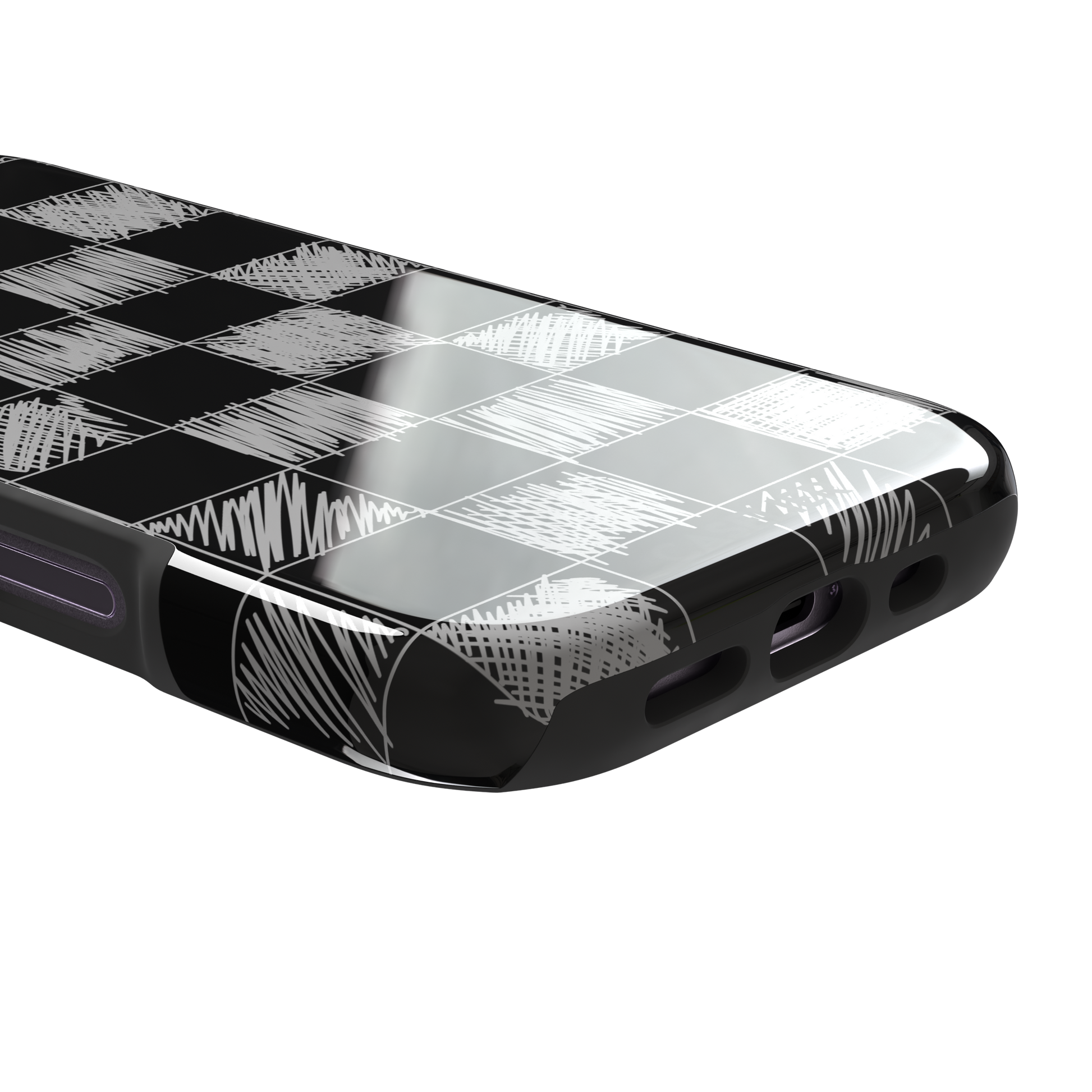 Black phone case with a checkerboard pattern where alternating squares are filled with rough white chalk-scrawl hatching lines, phone case by Caselier — tough case, charging port detail