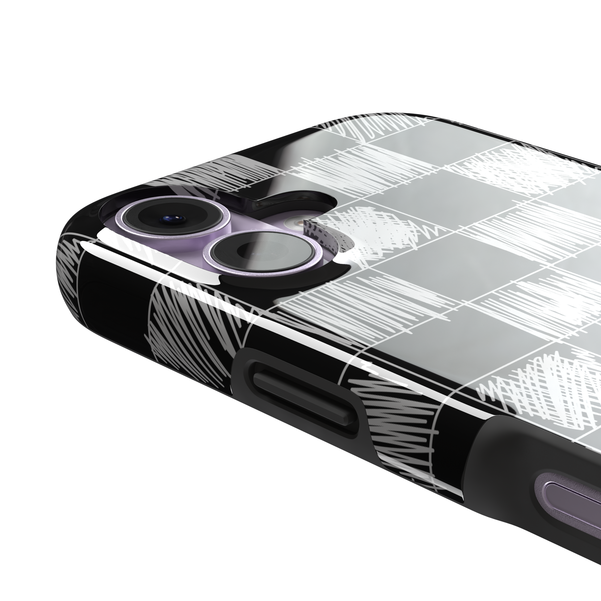 Black phone case with a checkerboard pattern where alternating squares are filled with rough white chalk-scrawl hatching lines, phone case by Caselier — tough case, volume buttons detail