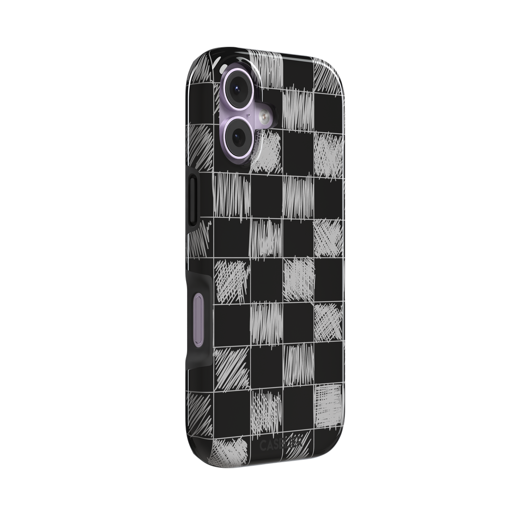 Black phone case with a checkerboard pattern where alternating squares are filled with rough white chalk-scrawl hatching lines, phone case by Caselier — tough case, left view