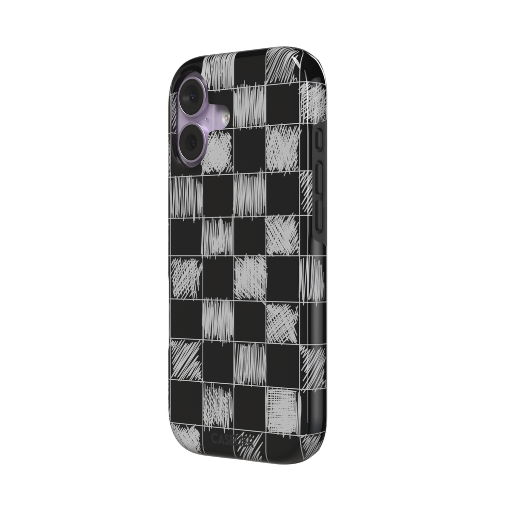 Black phone case with a checkerboard pattern where alternating squares are filled with rough white chalk-scrawl hatching lines, phone case by Caselier — tough case, right view