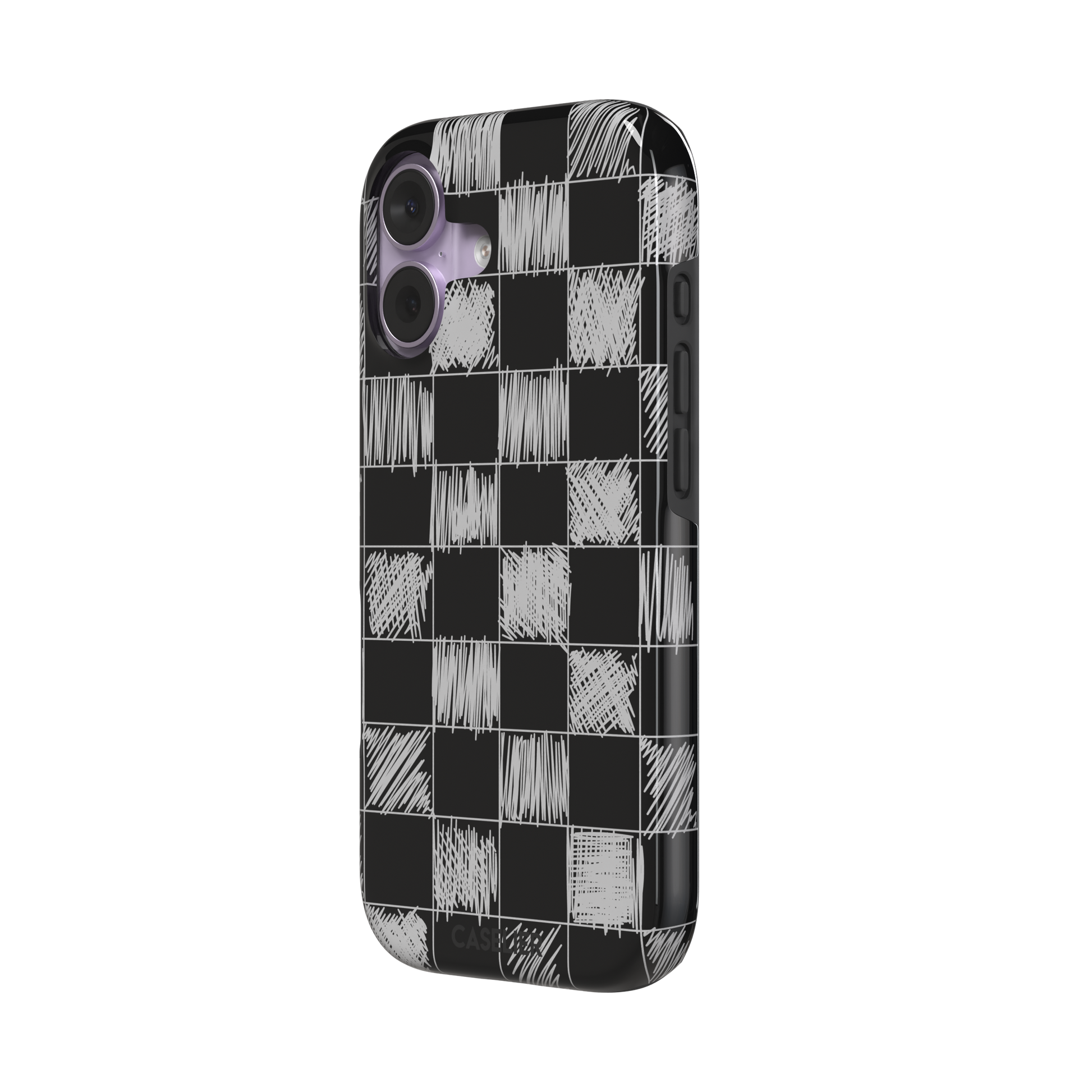Black phone case with a checkerboard pattern where alternating squares are filled with rough white chalk-scrawl hatching lines, phone case by Caselier — tough case, right view