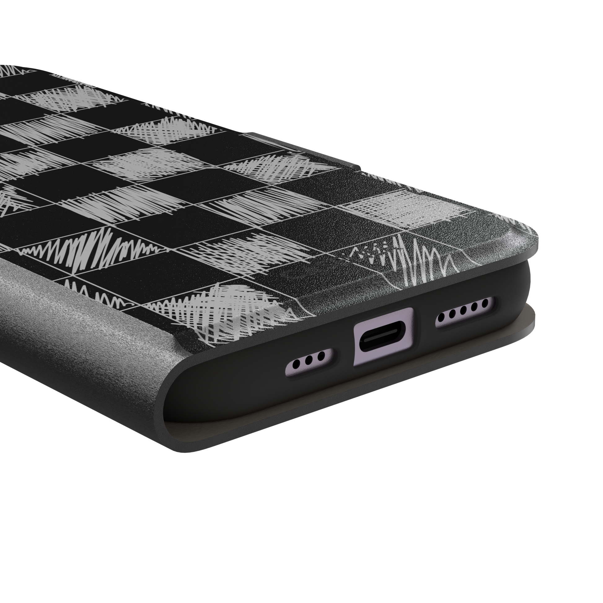 Black phone case with a checkerboard pattern where alternating squares are filled with rough white chalk-scrawl hatching lines, phone case by Caselier — wallet case, charging port detail