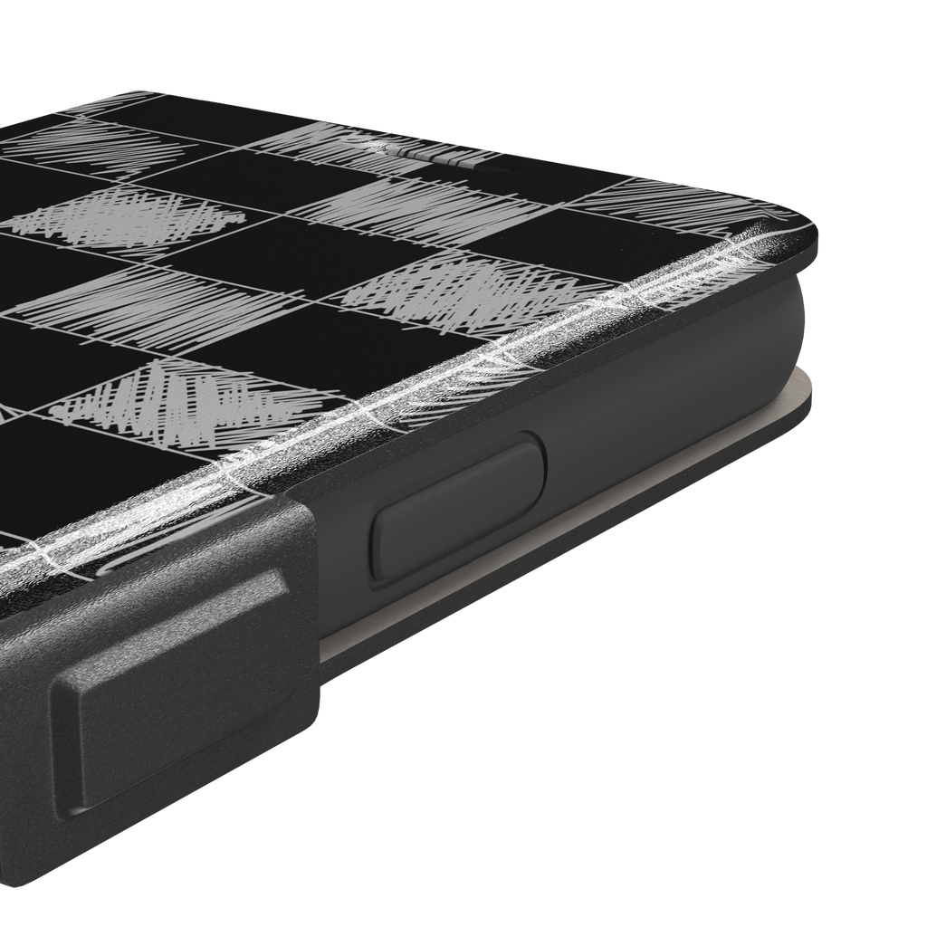 Black phone case with a checkerboard pattern where alternating squares are filled with rough white chalk-scrawl hatching lines, phone case by Caselier — wallet case, volume buttons detail