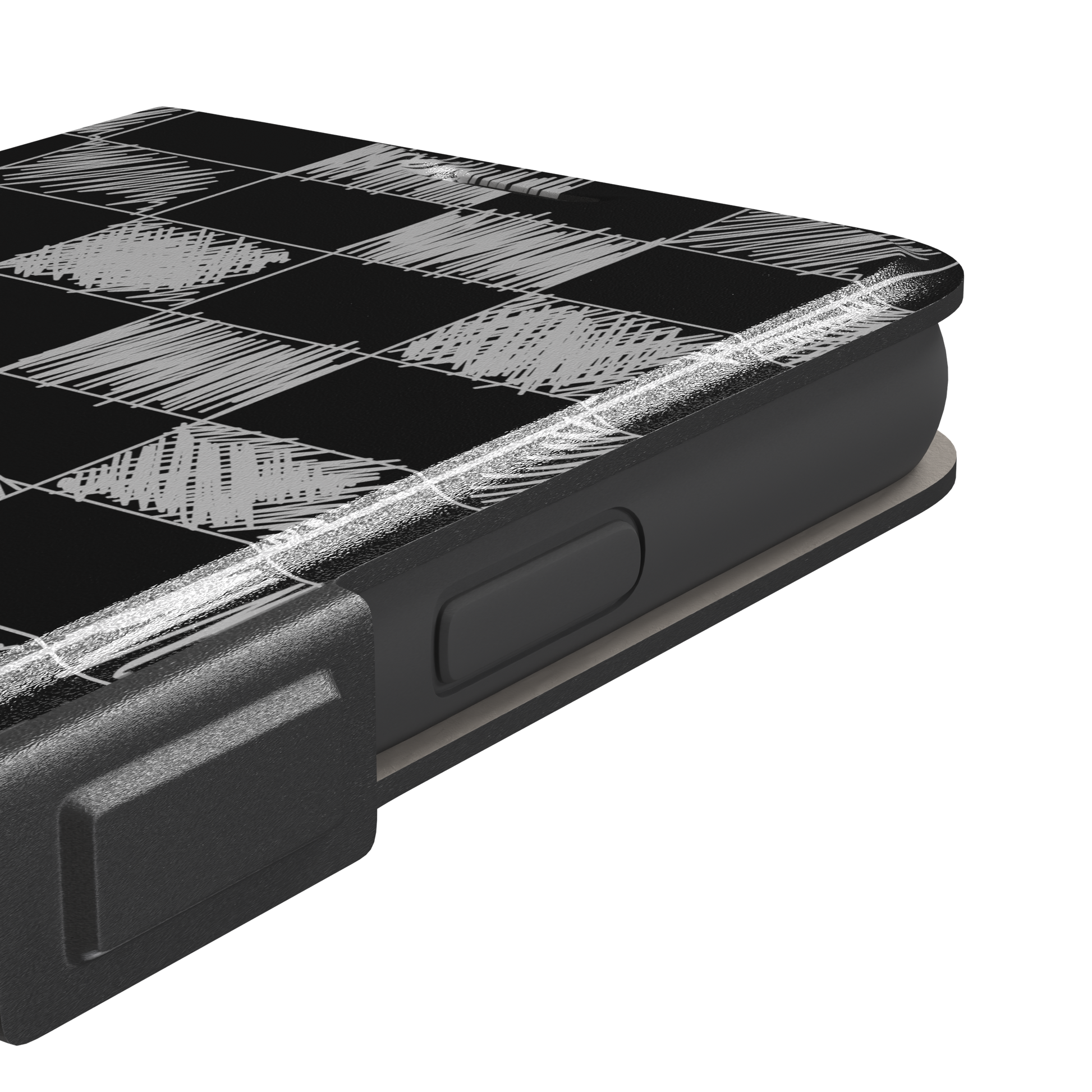 Black phone case with a checkerboard pattern where alternating squares are filled with rough white chalk-scrawl hatching lines, phone case by Caselier — wallet case, volume buttons detail