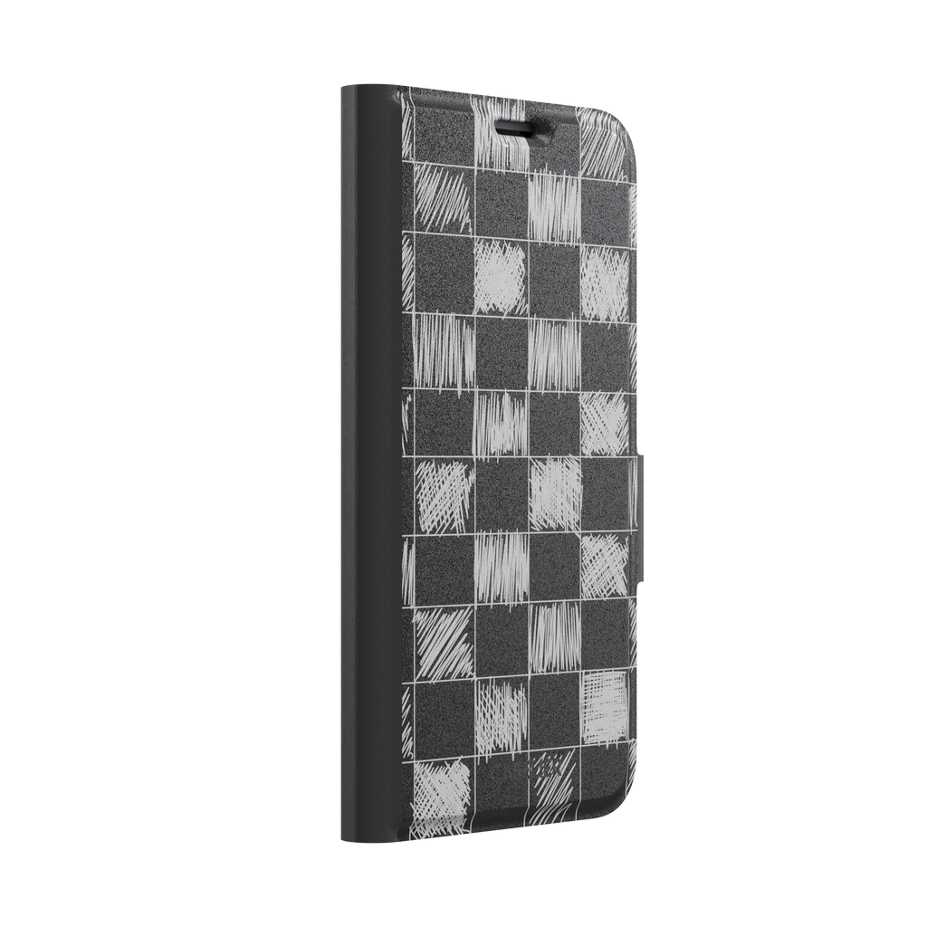 Black phone case with a checkerboard pattern where alternating squares are filled with rough white chalk-scrawl hatching lines, phone case by Caselier — wallet case, left view