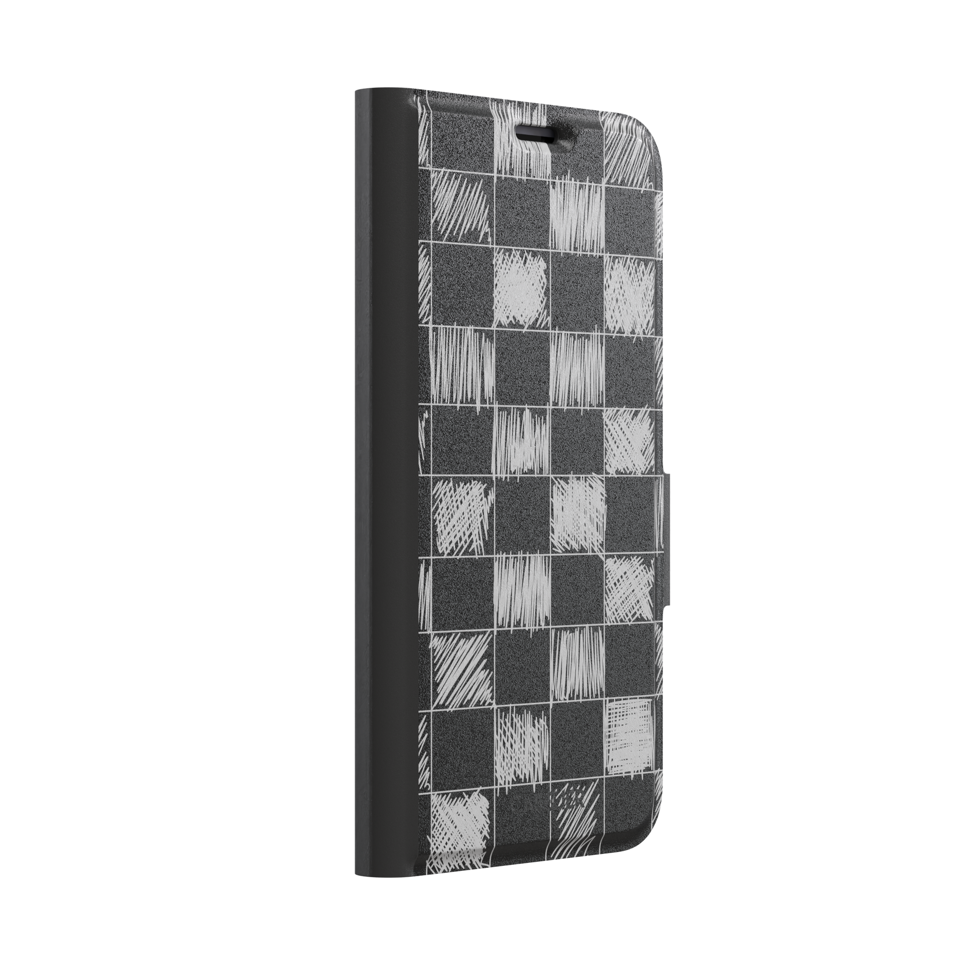 Black phone case with a checkerboard pattern where alternating squares are filled with rough white chalk-scrawl hatching lines, phone case by Caselier — wallet case, left view