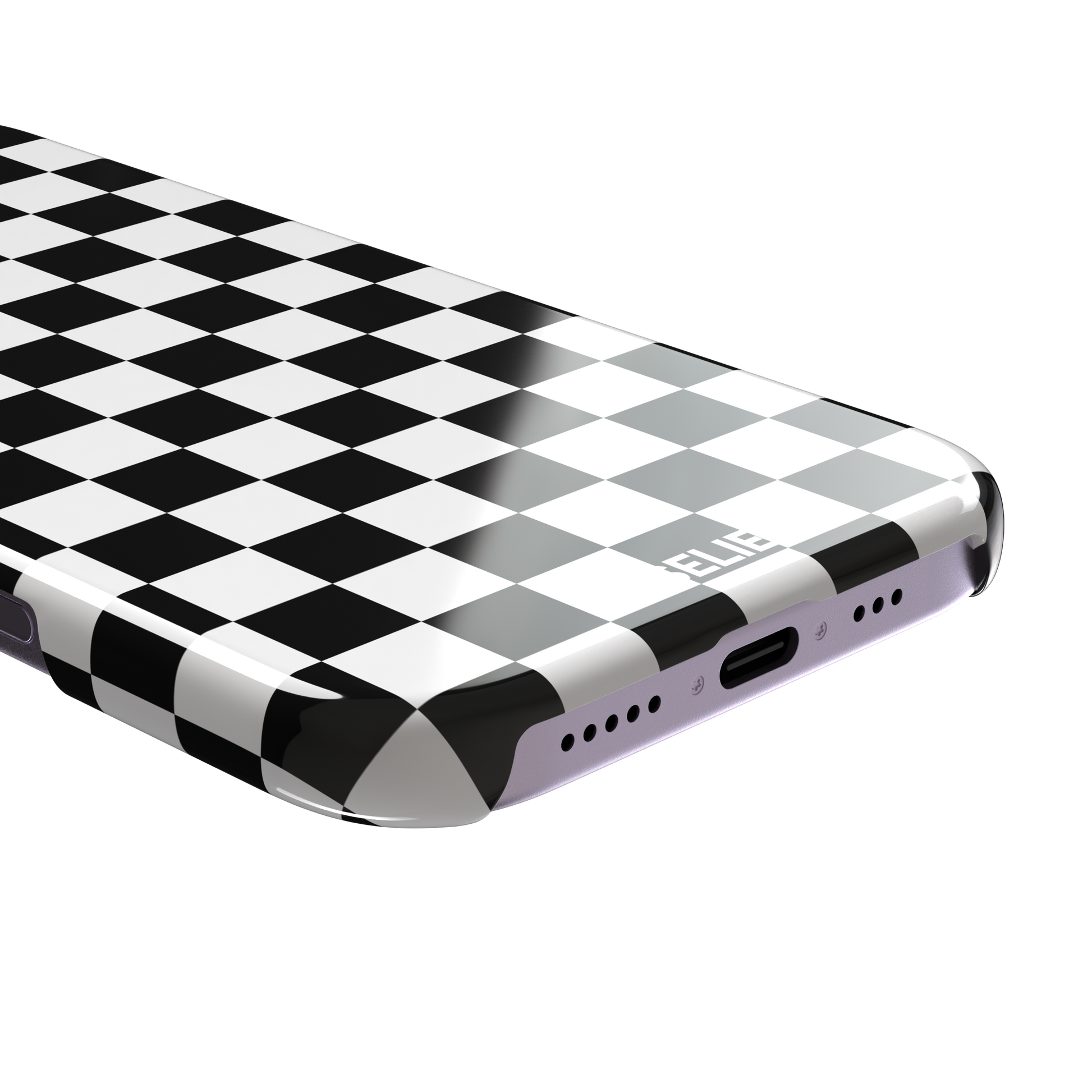 Checkered phone case in classic black and white checkerboard pattern, phone case by Caselier — snap case, charging port detail