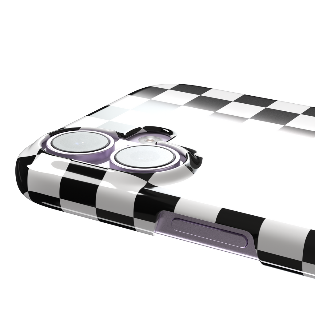 Checkered phone case in classic black and white checkerboard pattern, phone case by Caselier — snap case, volume buttons detail