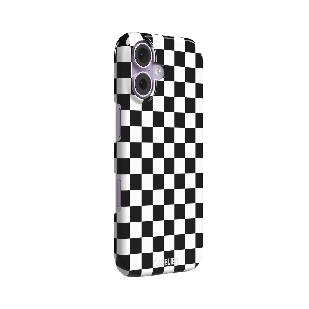 Checkered phone case in classic black and white checkerboard pattern, phone case by Caselier — snap case, left view