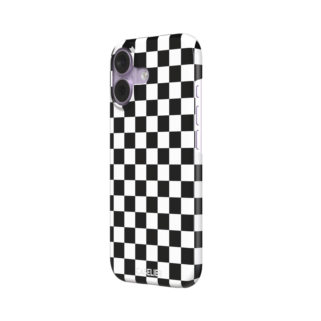 Checkered phone case in classic black and white checkerboard pattern, phone case by Caselier — snap case, right view