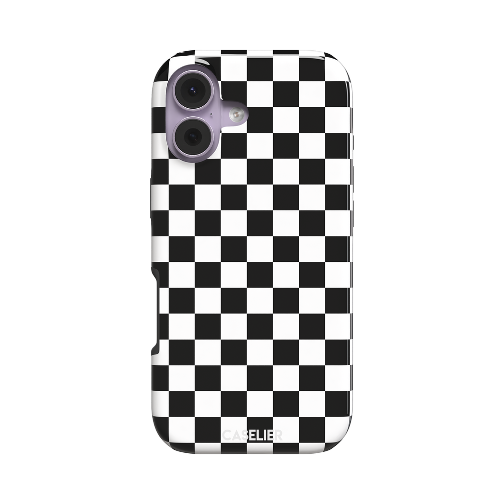 Checkered phone case in classic black and white checkerboard pattern, phone case by Caselier — tough case, front view