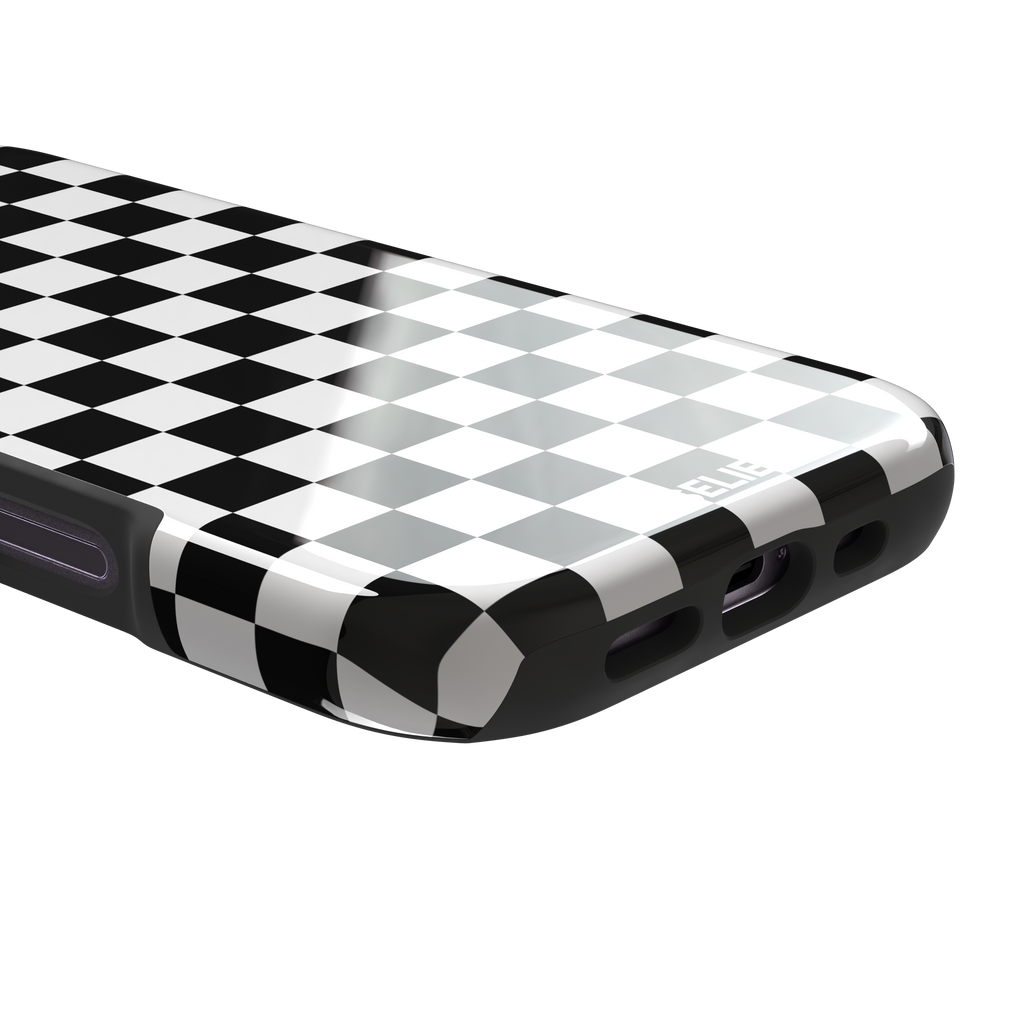 Checkered phone case in classic black and white checkerboard pattern, phone case by Caselier — tough case, charging port detail