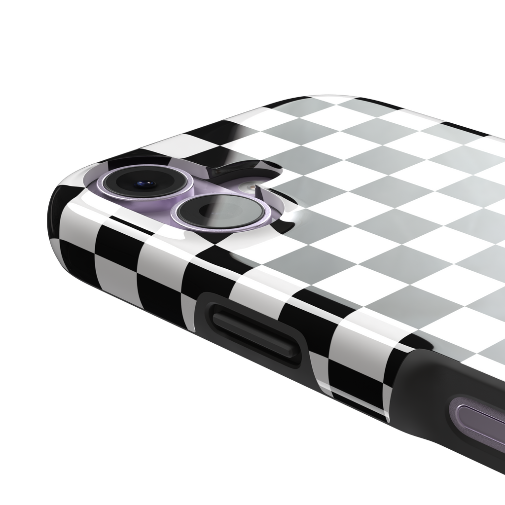 Checkered phone case in classic black and white checkerboard pattern, phone case by Caselier — tough case, volume buttons detail