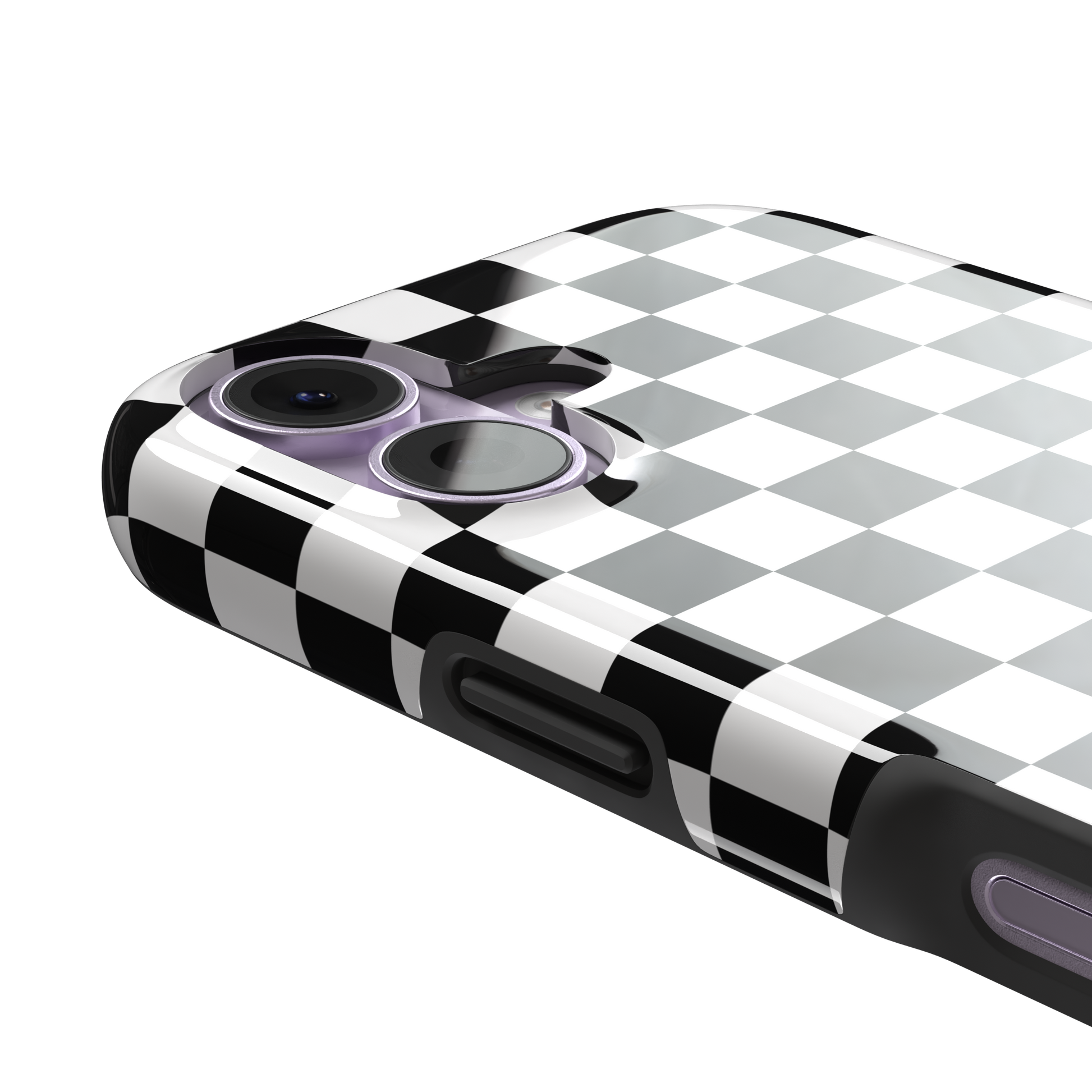 Checkered phone case in classic black and white checkerboard pattern, phone case by Caselier — tough case, volume buttons detail