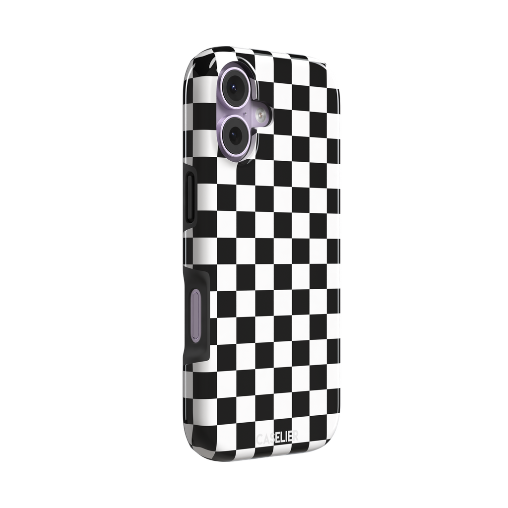 Checkered phone case in classic black and white checkerboard pattern, phone case by Caselier — tough case, left view