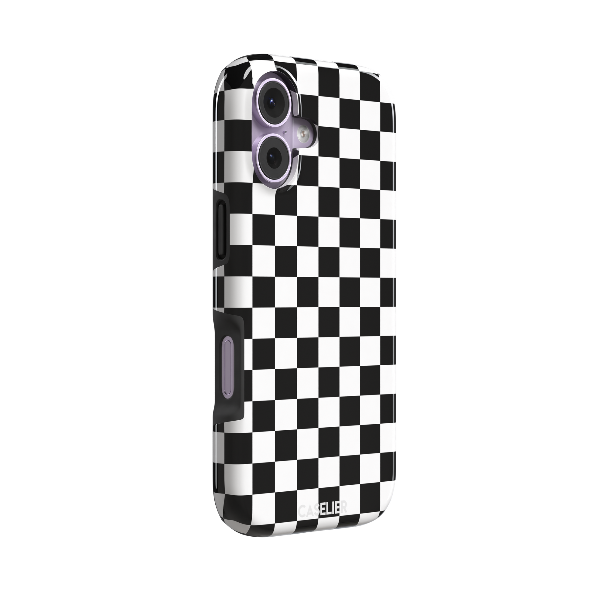 Checkered phone case in classic black and white checkerboard pattern, phone case by Caselier — tough case, left view