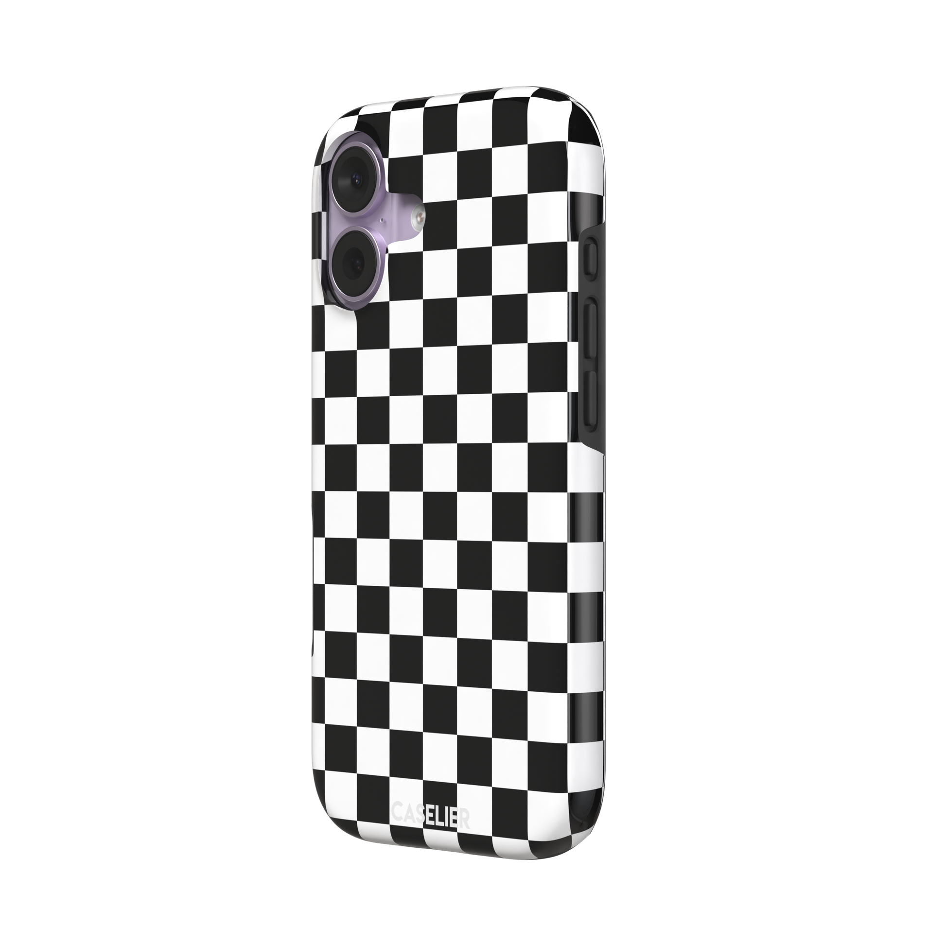 Checkered phone case in classic black and white checkerboard pattern, phone case by Caselier — tough case, right view