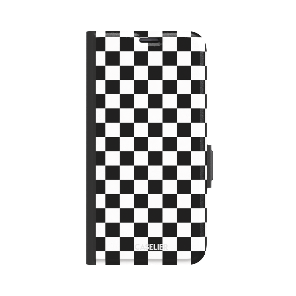 Checkered phone case in classic black and white checkerboard pattern, phone case by Caselier — wallet case, front view