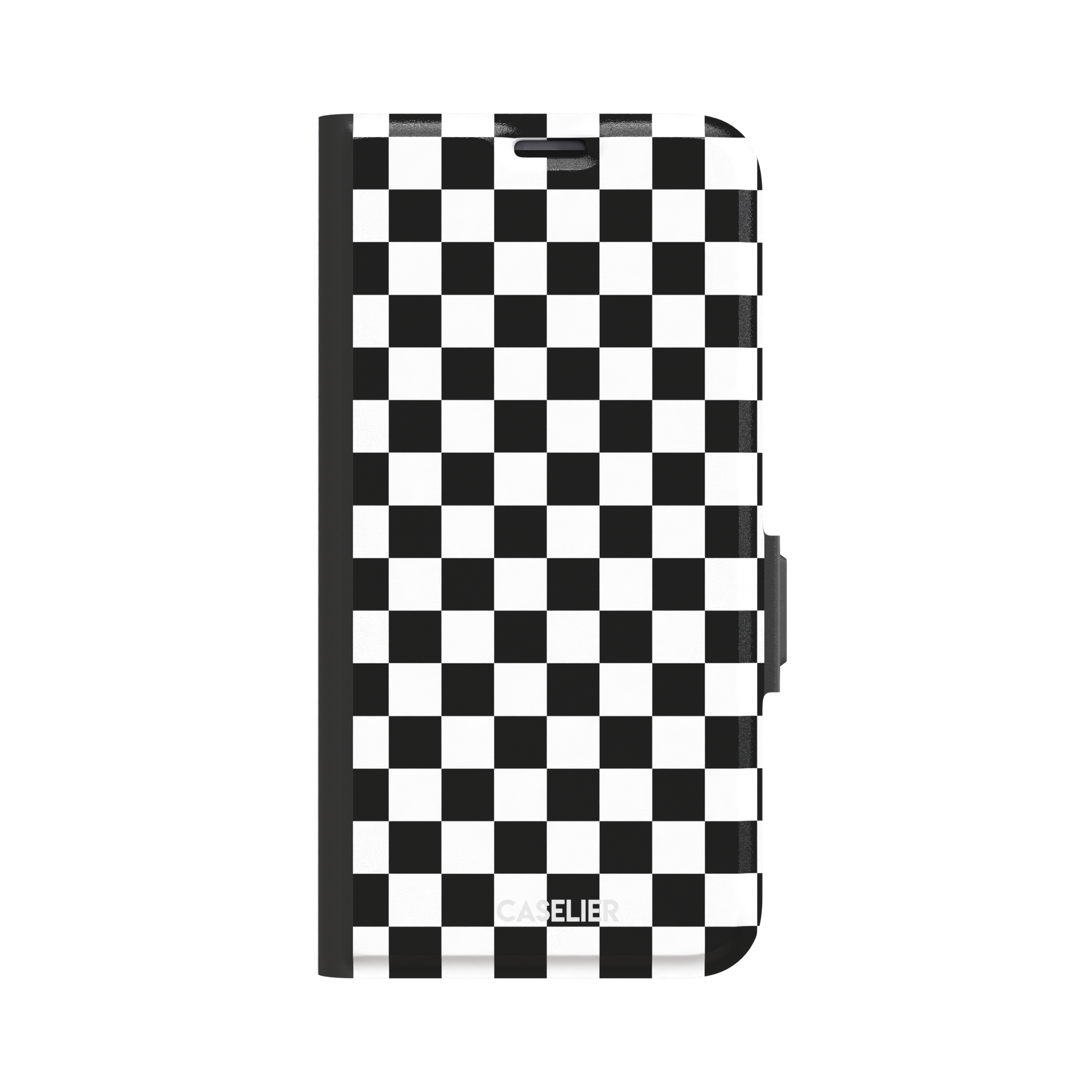 Checkered phone case in classic black and white checkerboard pattern, phone case by Caselier — wallet case, front view