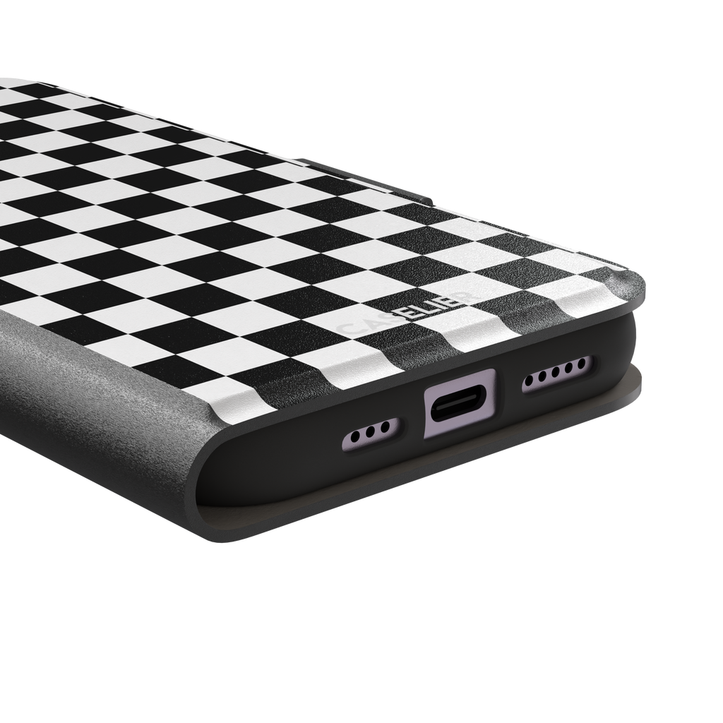 Checkered phone case in classic black and white checkerboard pattern, phone case by Caselier — wallet case, charging port detail