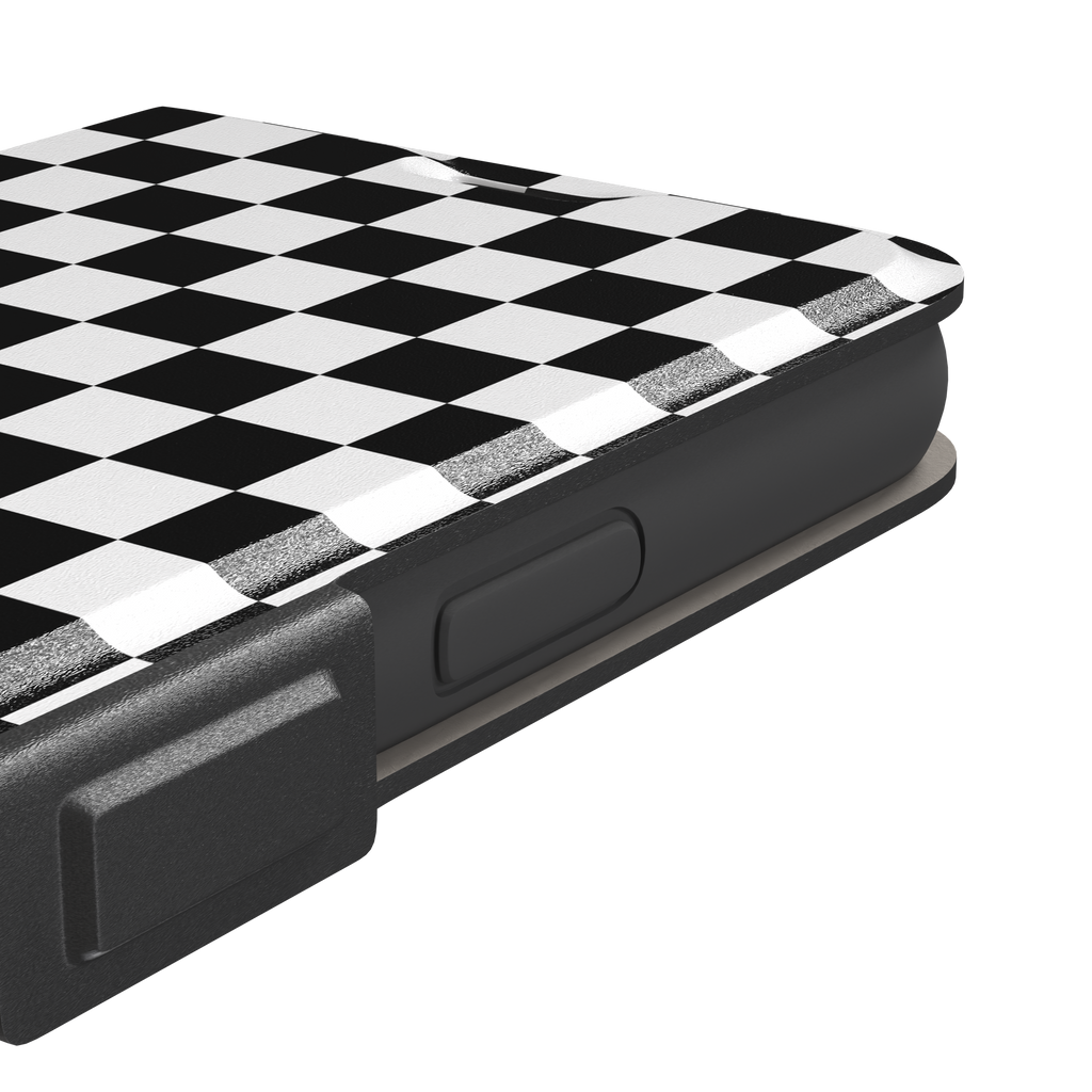 Checkered phone case in classic black and white checkerboard pattern, phone case by Caselier — wallet case, volume buttons detail
