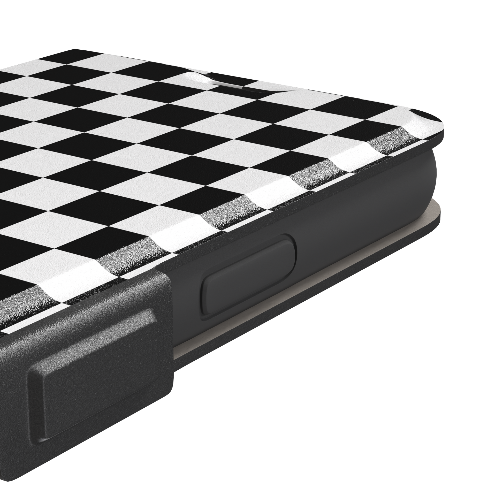 Checkered phone case in classic black and white checkerboard pattern, phone case by Caselier — wallet case, volume buttons detail