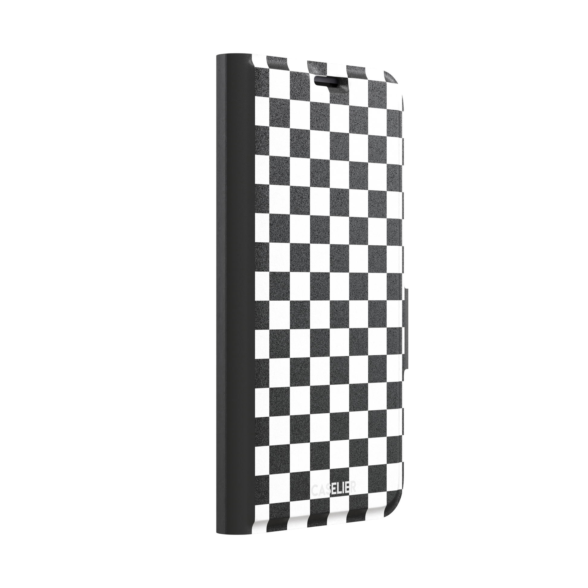 Checkered phone case in classic black and white checkerboard pattern, phone case by Caselier — wallet case, left view