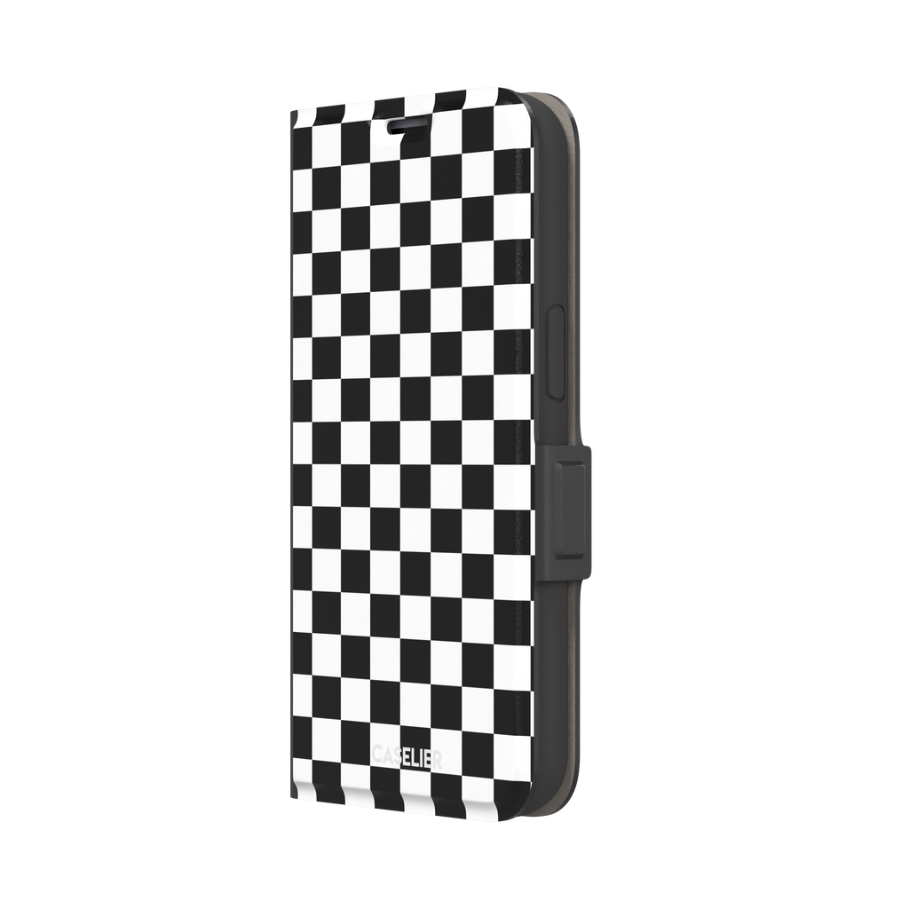 Checkered phone case in classic black and white checkerboard pattern, phone case by Caselier — wallet case, right view