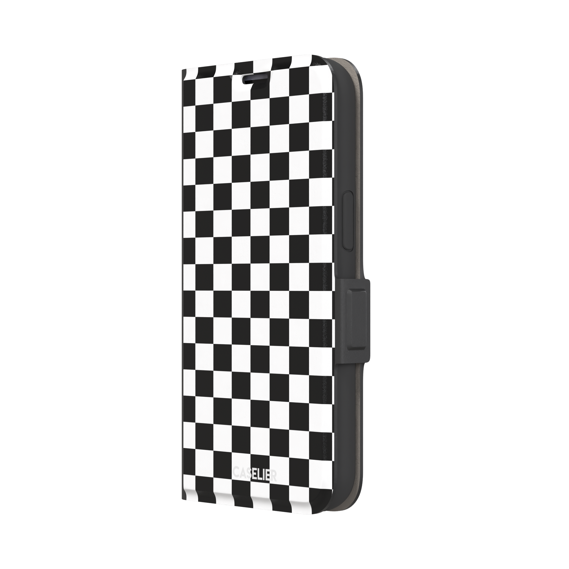 Checkered phone case in classic black and white checkerboard pattern, phone case by Caselier — wallet case, right view