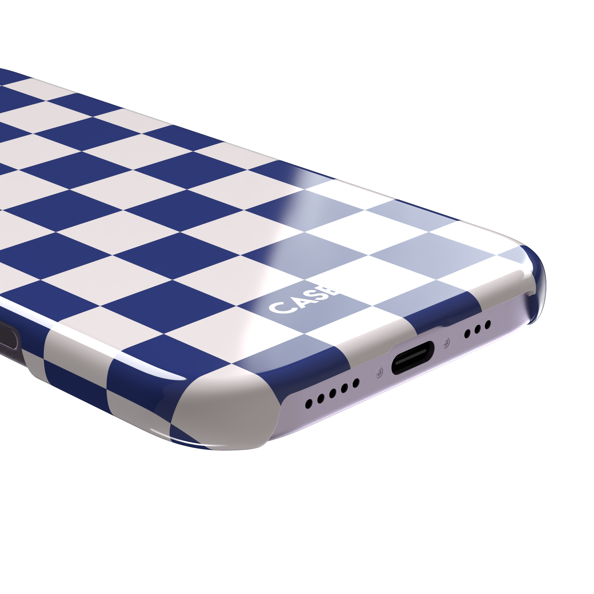 Checkered, navy and cream checkerboard grid pattern, snap case, charging port detail, phone case by Caselier