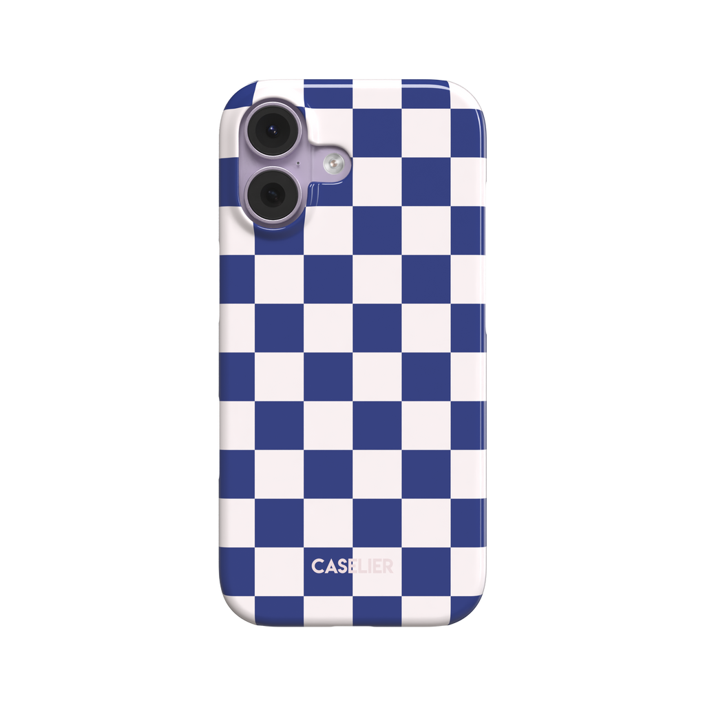 Bold blue and white checkerboard pattern phone case with high-contrast square grid, glossy finish, phone case by Caselier - snap case, front view | Caselier