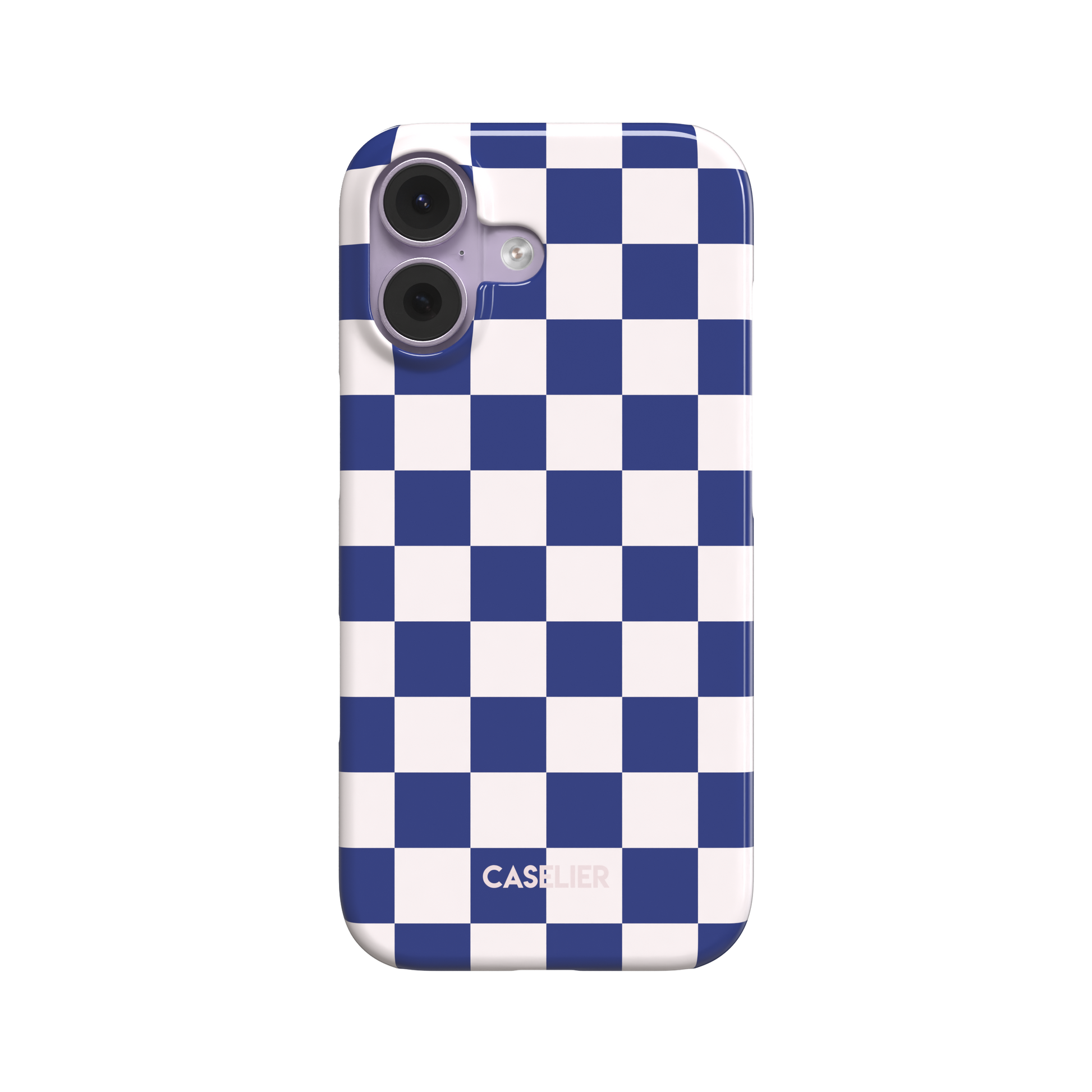 Bold blue and white checkerboard pattern phone case with high-contrast square grid, glossy finish, phone case by Caselier - snap case, front view | Caselier