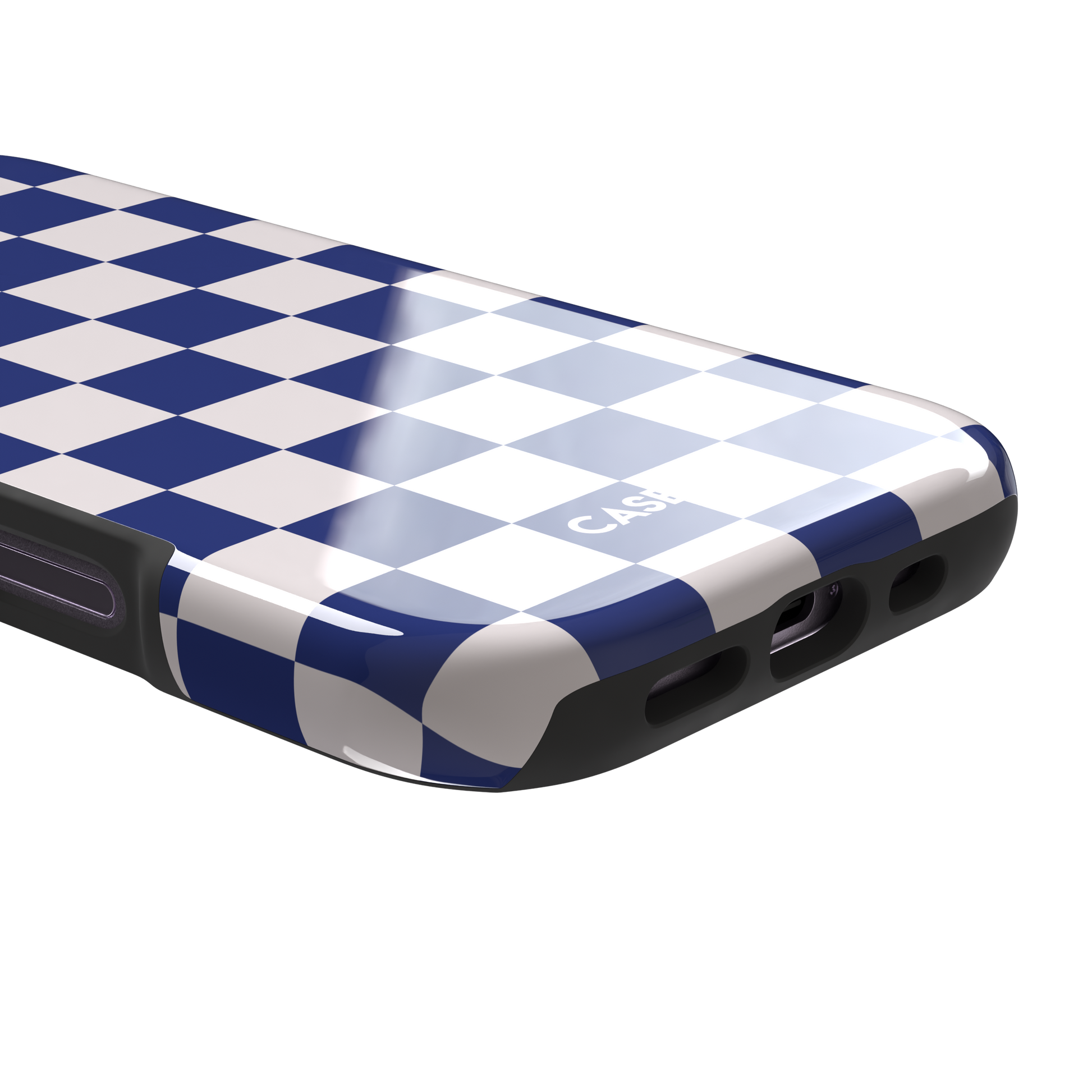 Checkered, navy and cream checkerboard grid pattern, tough case, charging port detail, phone case by Caselier