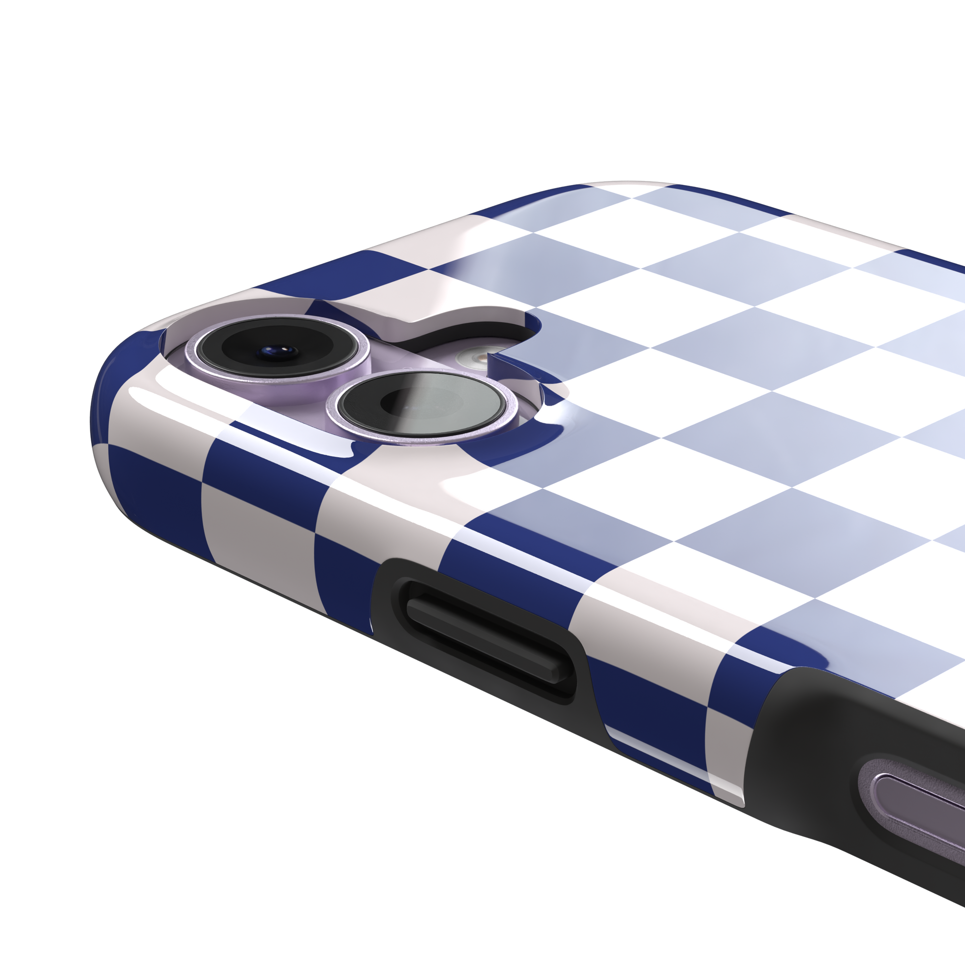 Checkered, navy and cream checkerboard grid pattern, tough case, volume buttons detail, phone case by Caselier