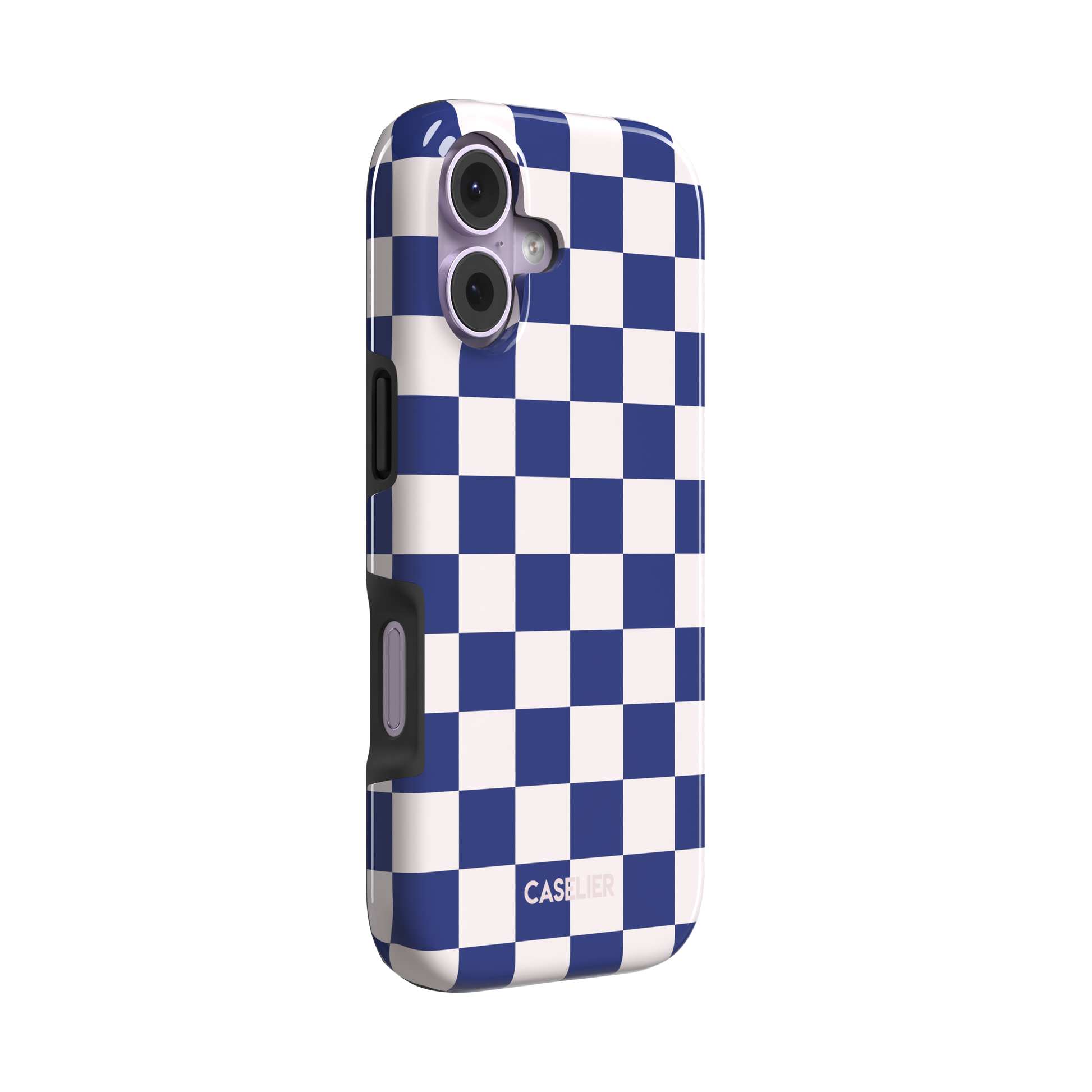 Checkered, navy and cream checkerboard grid pattern, tough case, left view, phone case by Caselier