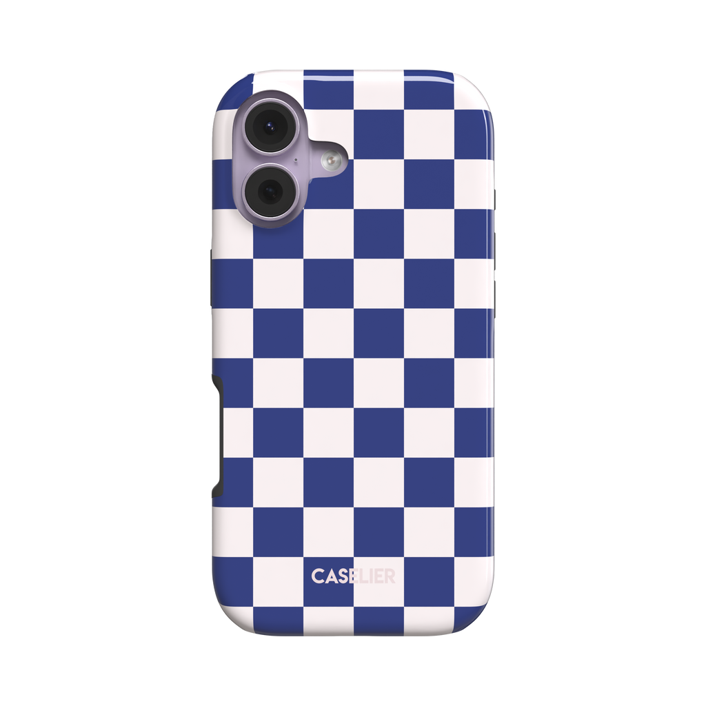 Bold blue and white checkerboard pattern phone case with high-contrast square grid, glossy finish, phone case by Caselier - tough case, front view | Caselier
