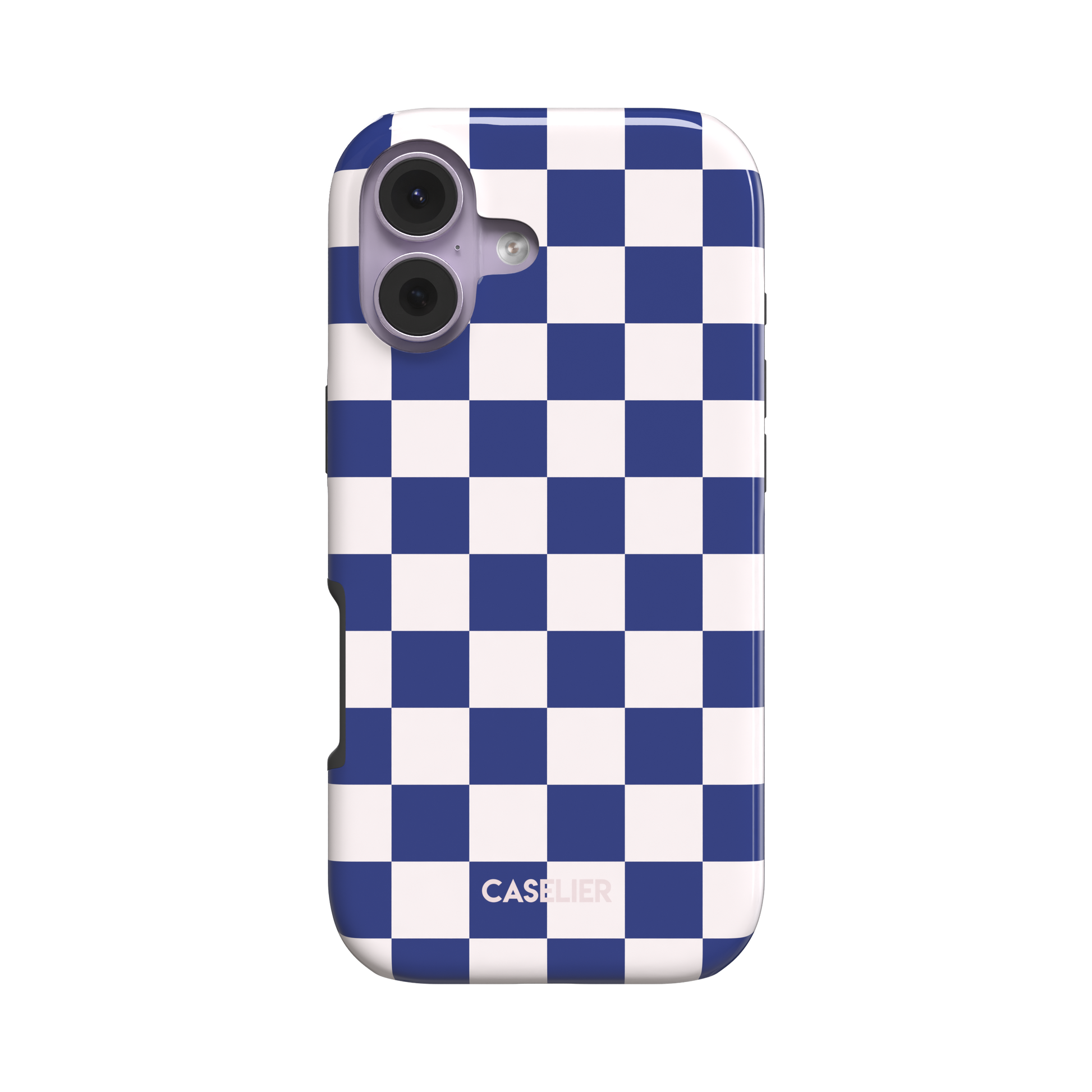 Bold blue and white checkerboard pattern phone case with high-contrast square grid, glossy finish, phone case by Caselier - tough case, front view | Caselier