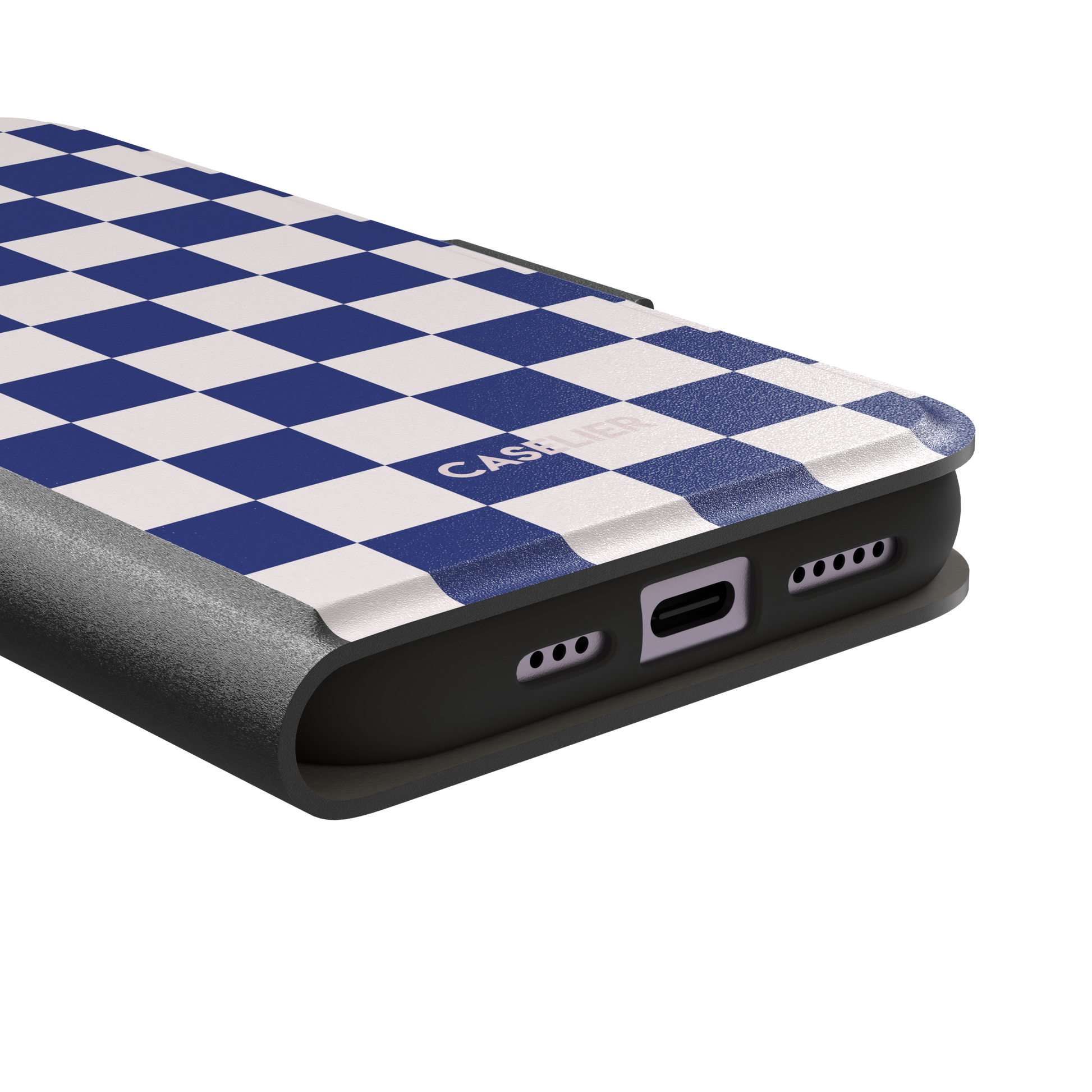 Checkered, navy and cream checkerboard grid pattern, wallet case, charging port detail, phone case by Caselier
