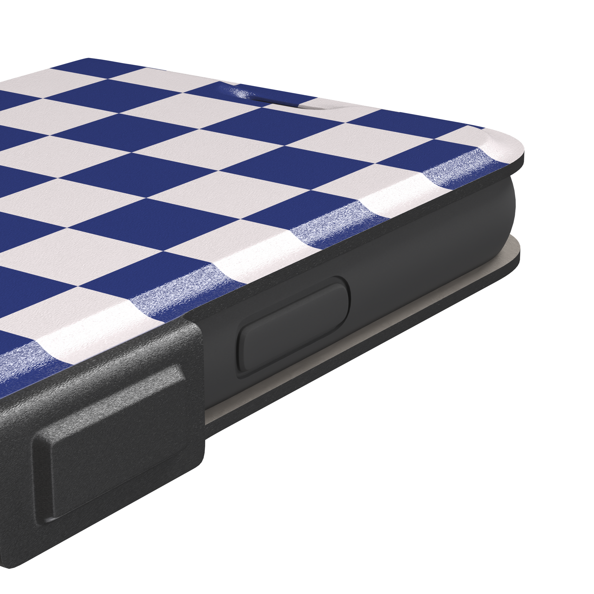 Checkered, navy and cream checkerboard grid pattern, wallet case, volume buttons detail, phone case by Caselier