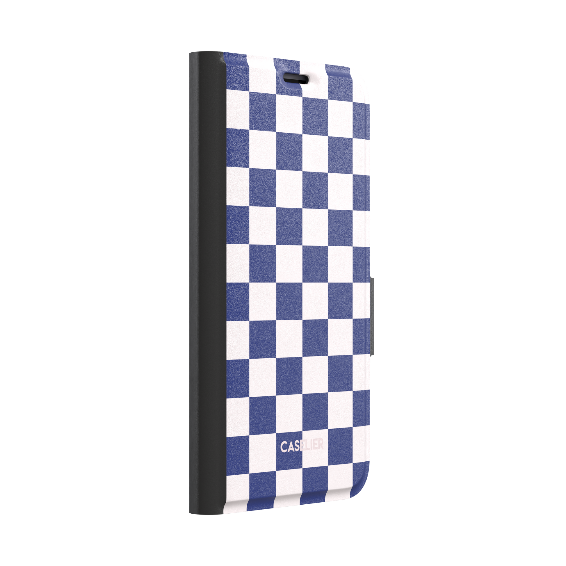 Checkered, navy and cream checkerboard grid pattern, wallet case, left view, phone case by Caselier